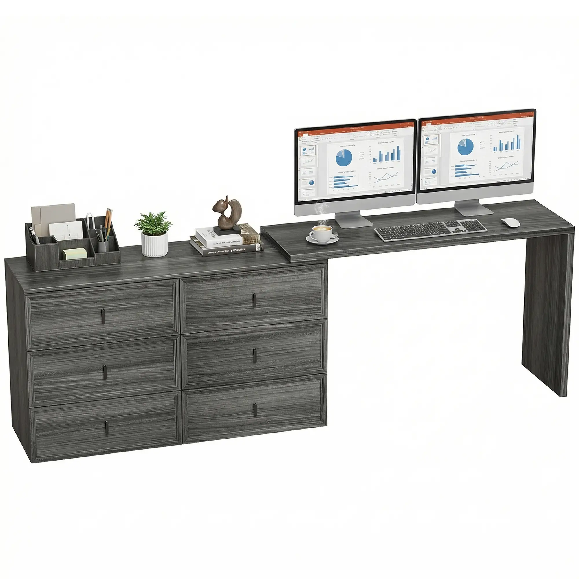 L Shaped Computer Desk, 6 Drawers, Wood Grain, Black