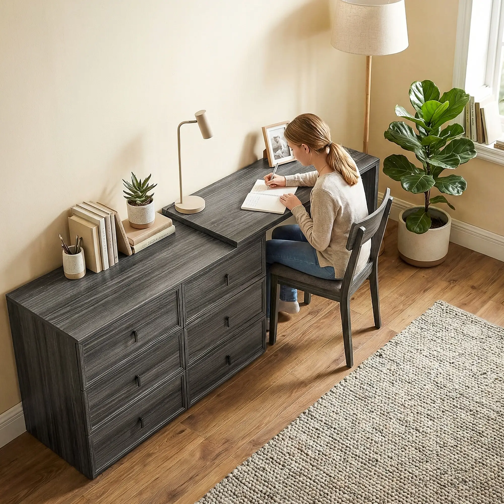 L Shaped Computer Desk, 6 Drawers, Wood Grain, Black - Image 10