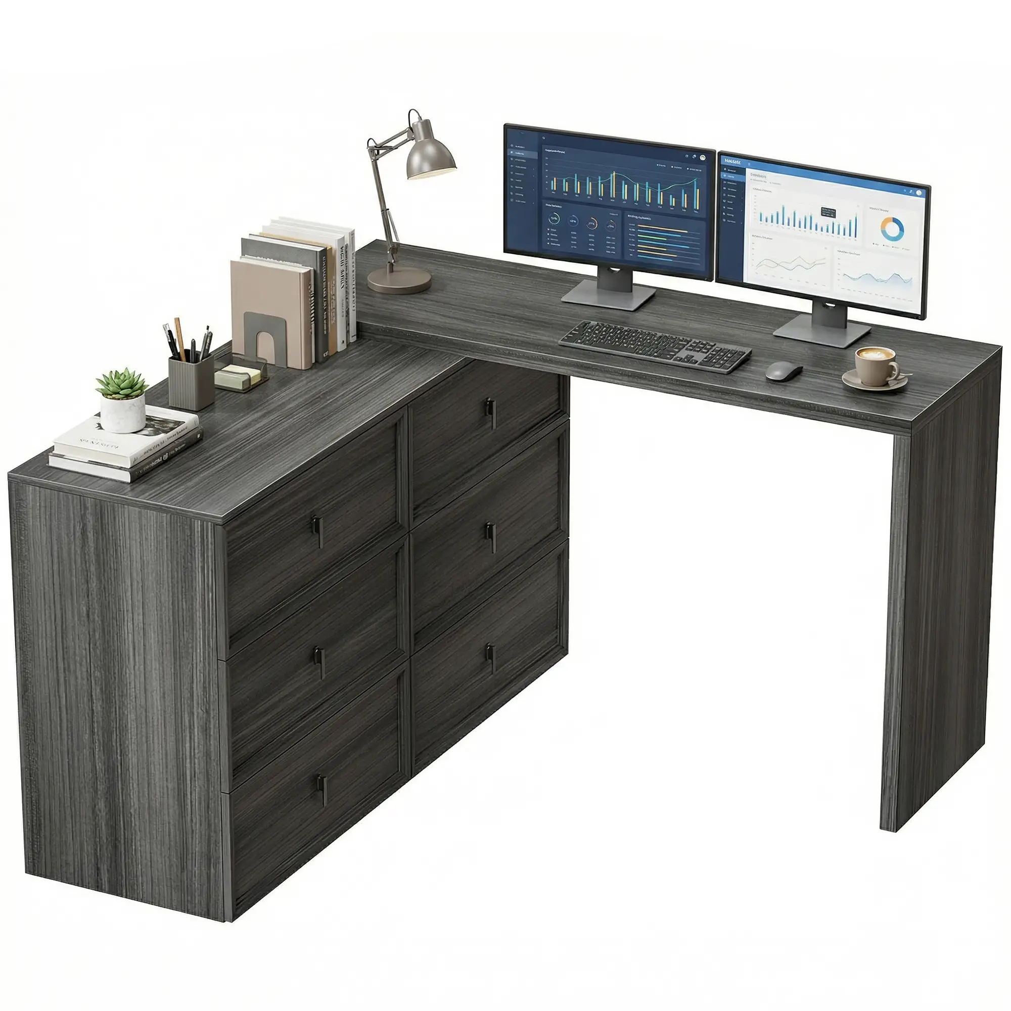 L Shaped Computer Desk, 6 Drawers, Wood Grain, Black - Image 11