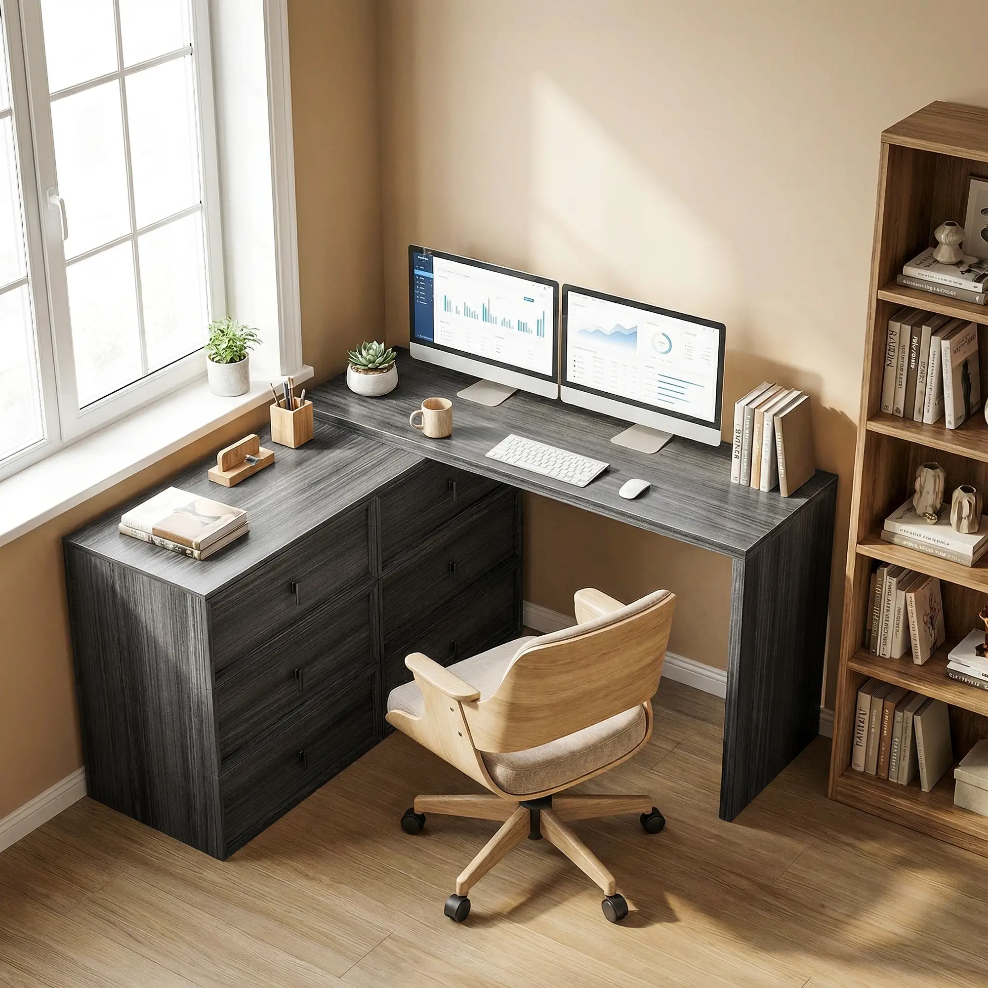 L Shaped Computer Desk, 6 Drawers, Wood Grain, Black - Image 2