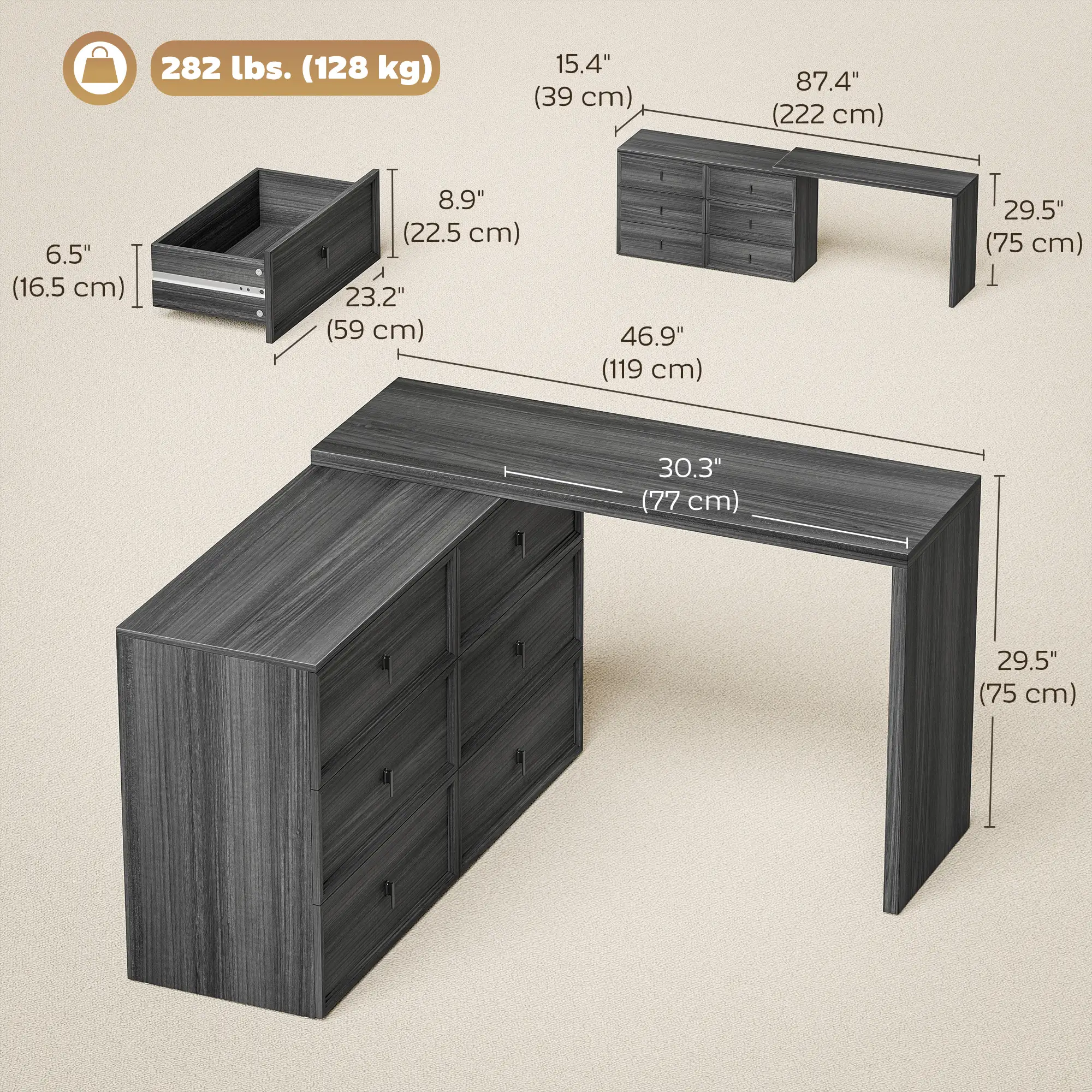 L Shaped Computer Desk, 6 Drawers, Wood Grain, Black - Image 3