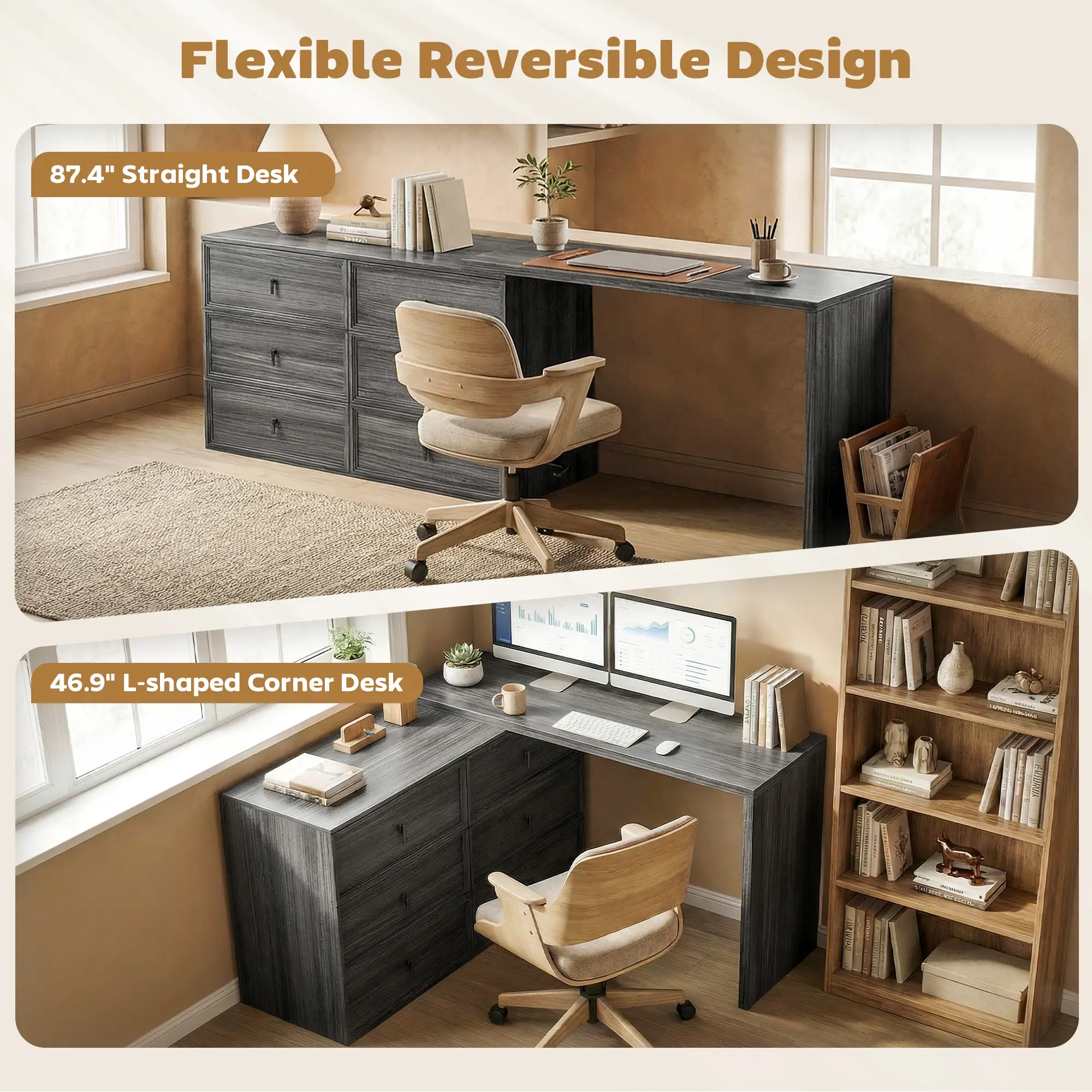 L Shaped Computer Desk, 6 Drawers, Wood Grain, Black - Image 4