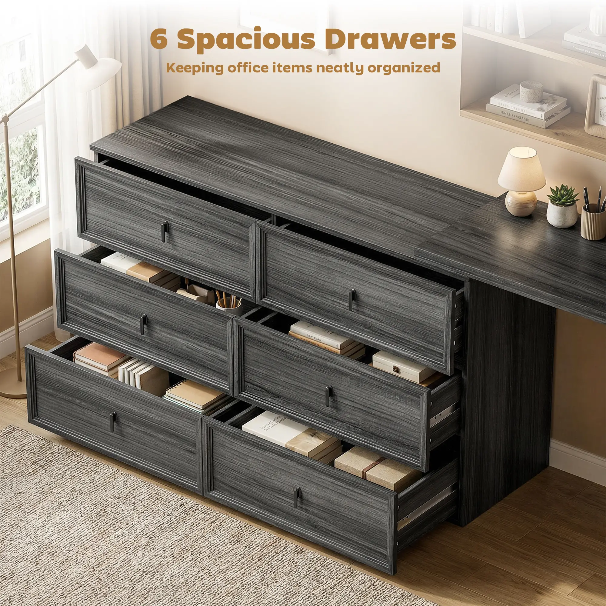 L Shaped Computer Desk, 6 Drawers, Wood Grain, Black - Image 5