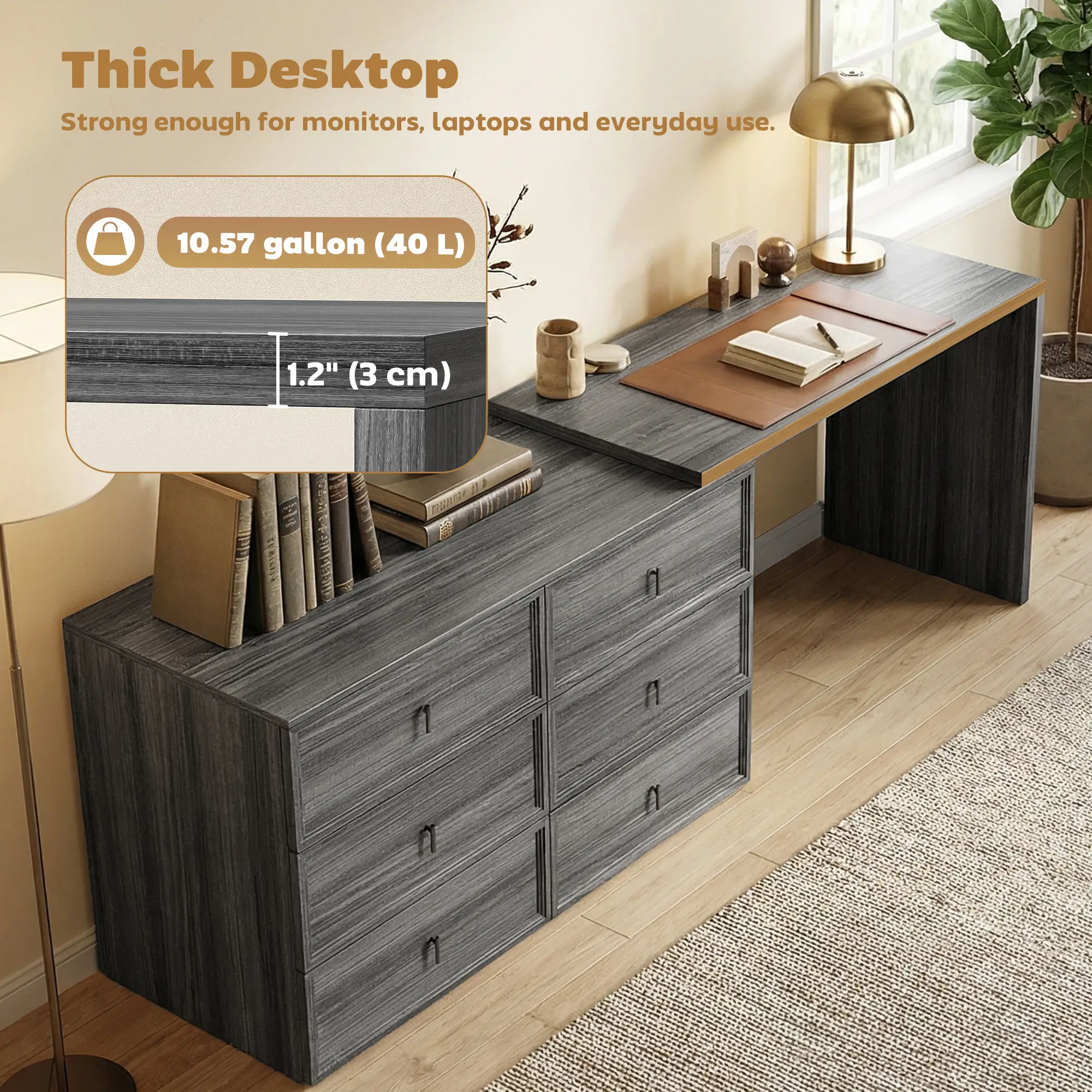 L Shaped Computer Desk, 6 Drawers, Wood Grain, Black - Image 6
