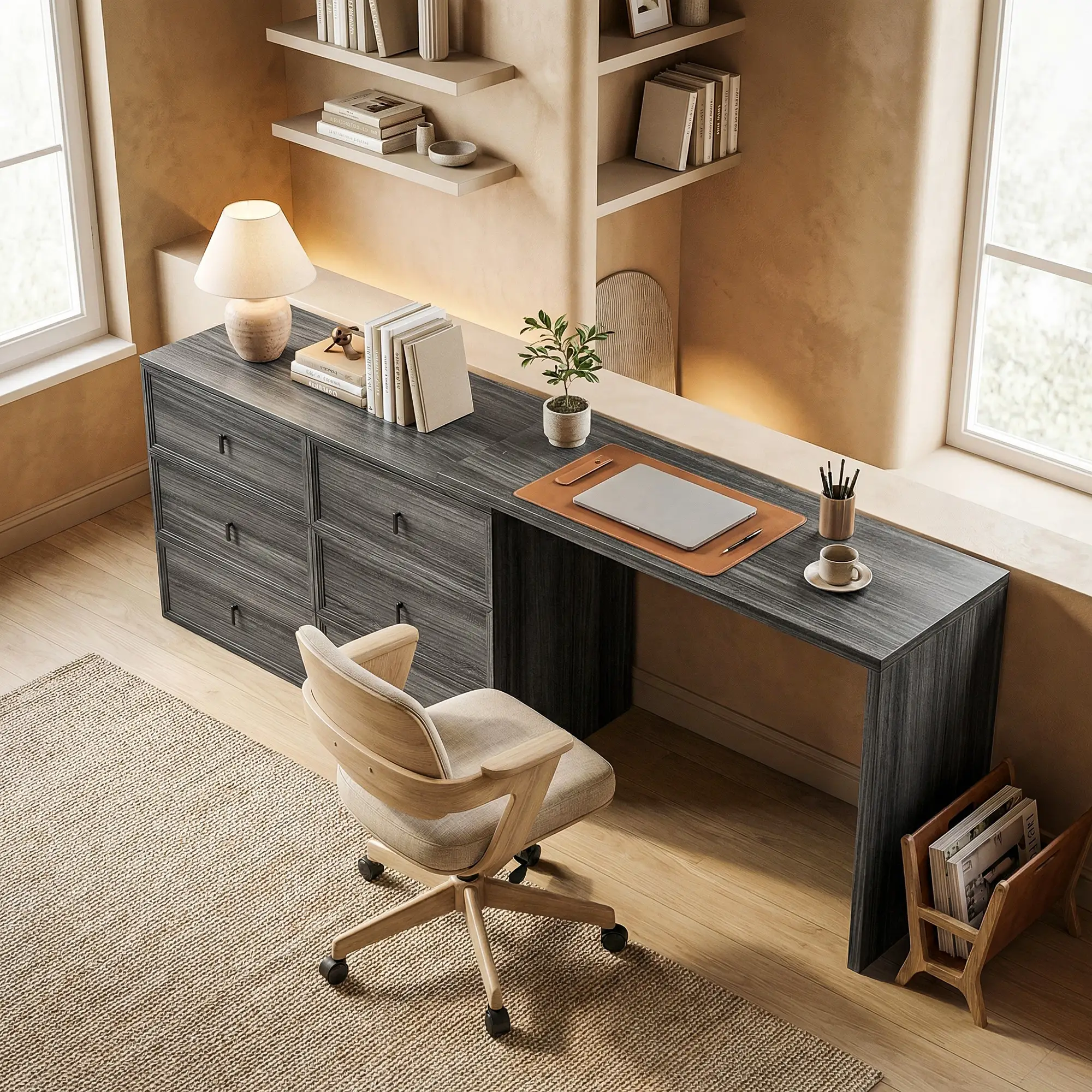 L Shaped Computer Desk, 6 Drawers, Wood Grain, Black - Image 8