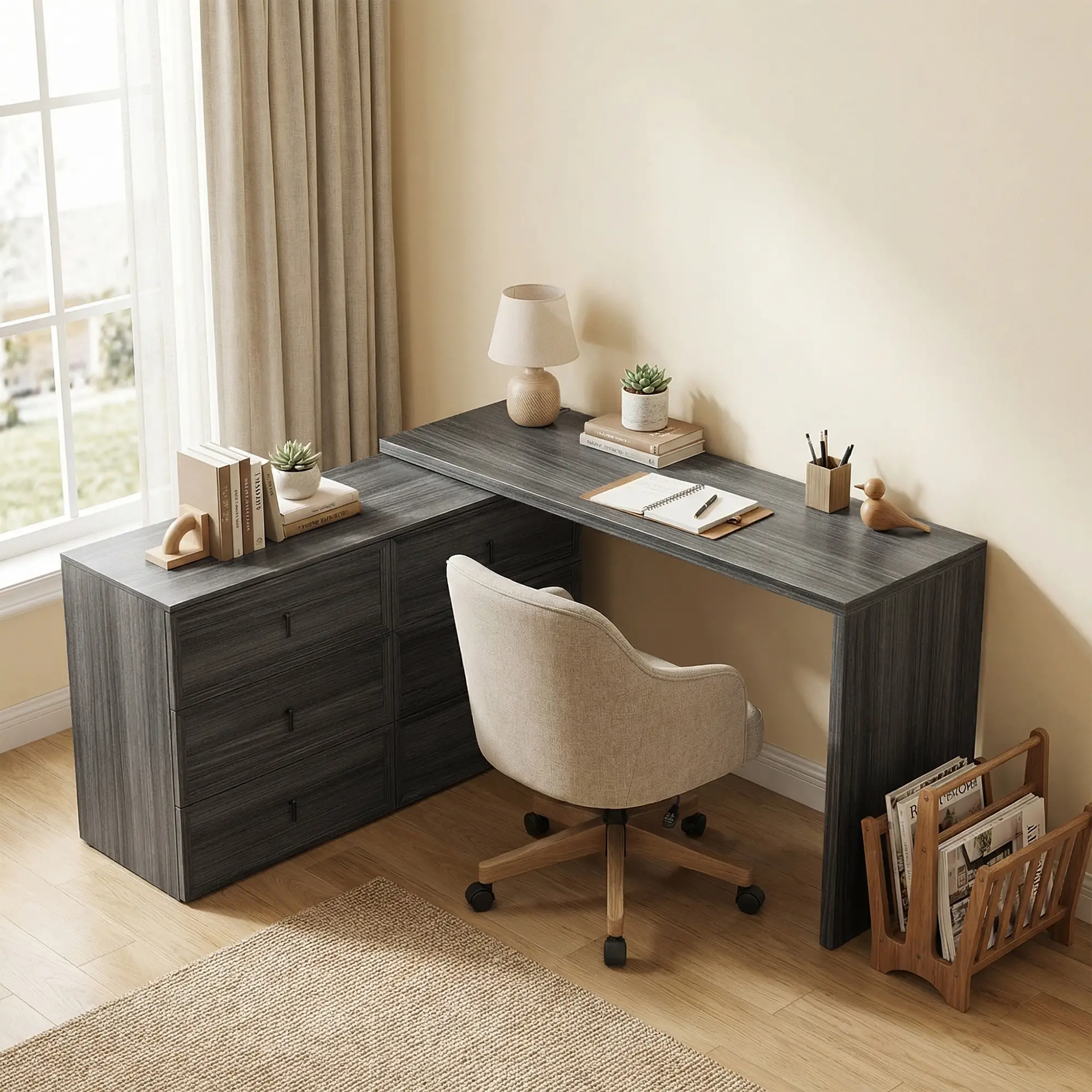 L Shaped Computer Desk, 6 Drawers, Wood Grain, Black - Image 9