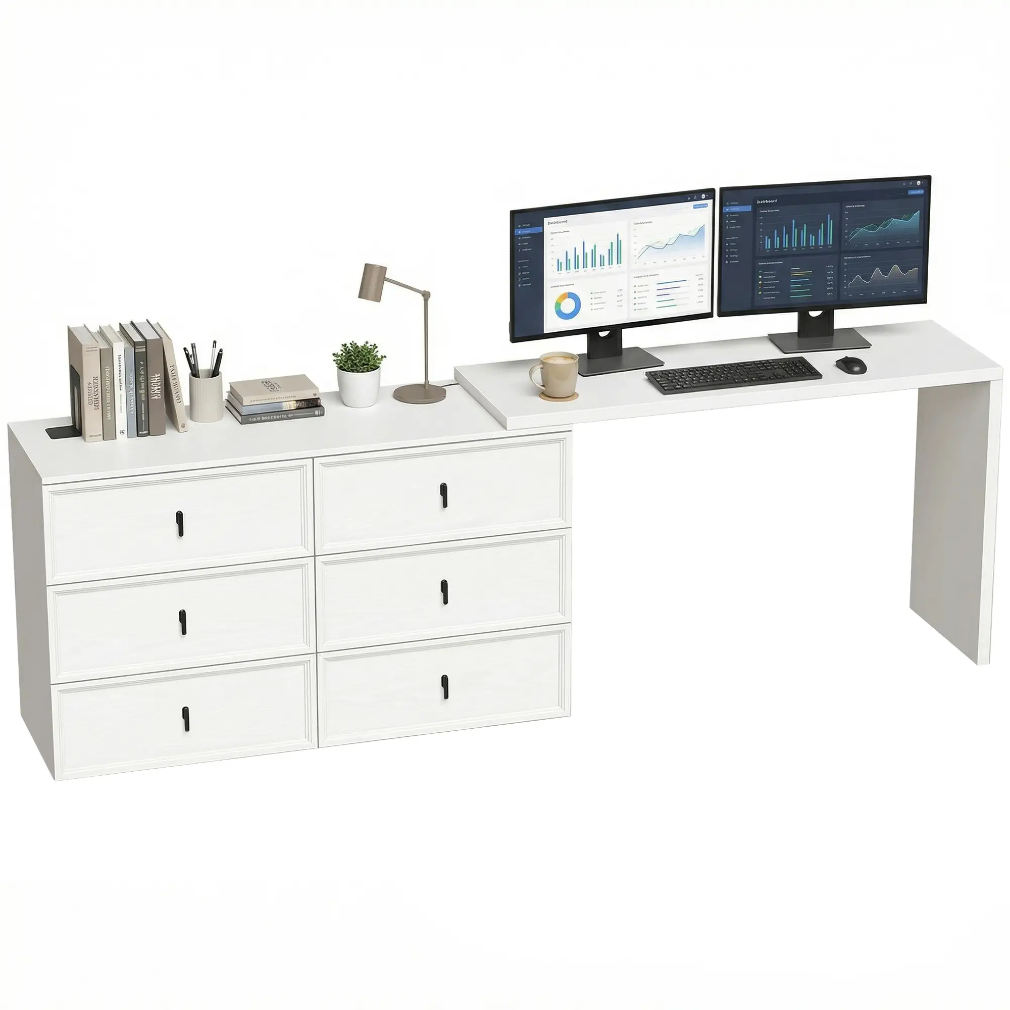 L Shaped Computer Desk, 6 Drawers, White Wood Grain, White