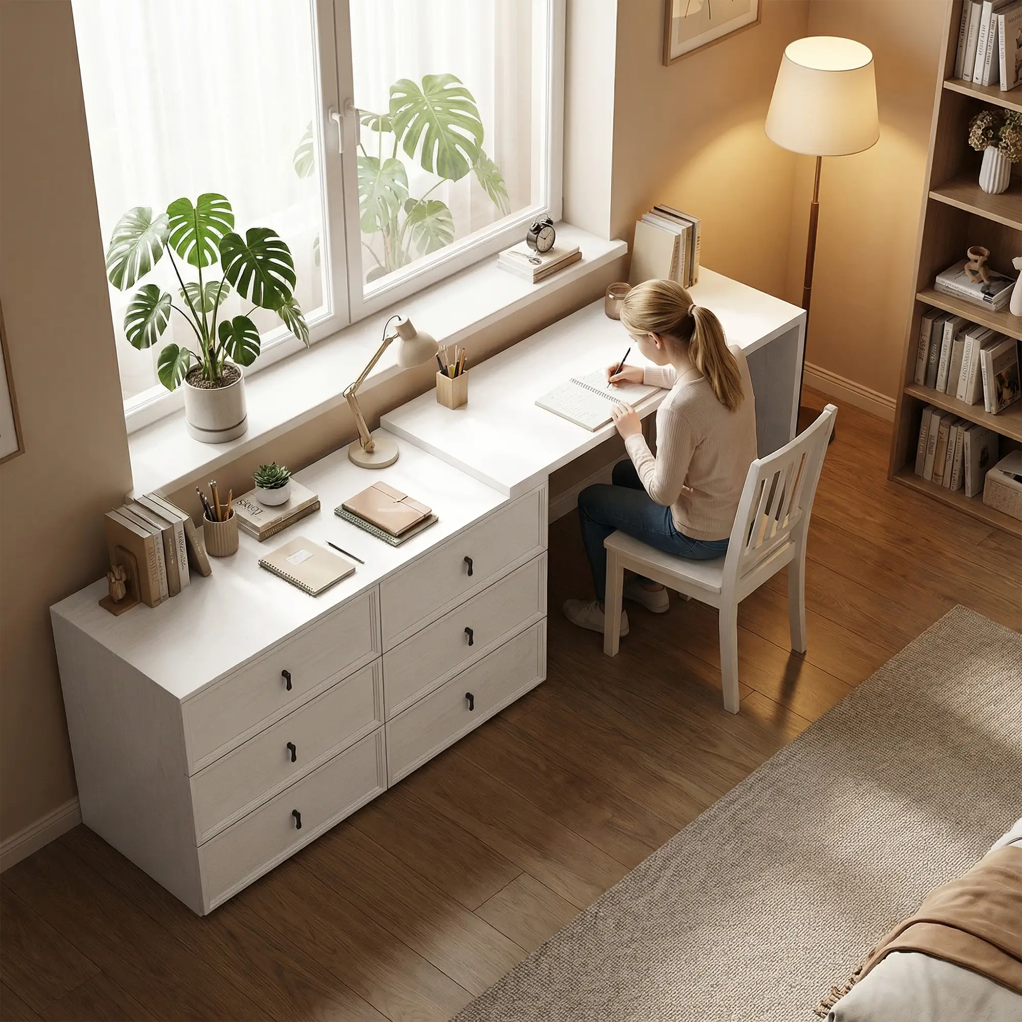 L Shaped Computer Desk, 6 Drawers, White Wood Grain, White - Image 10