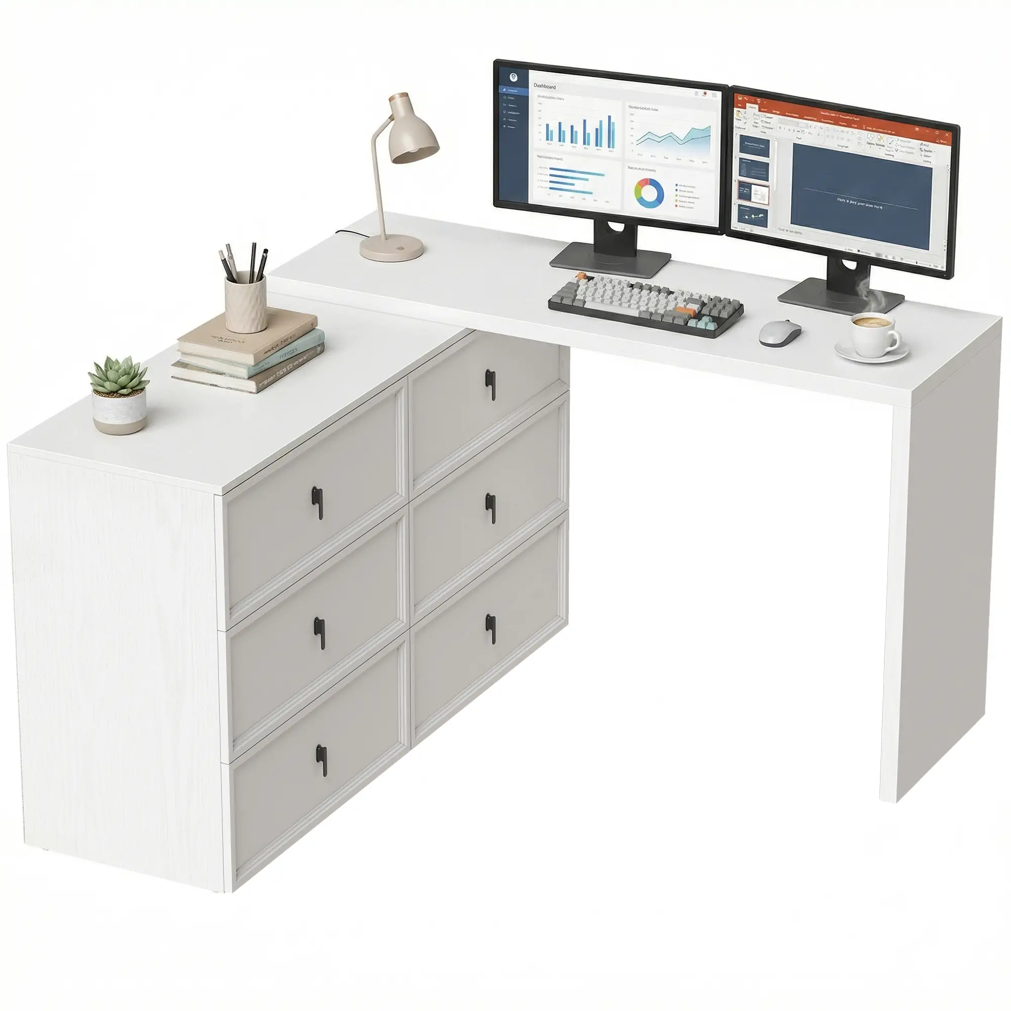 L Shaped Computer Desk, 6 Drawers, White Wood Grain, White - Image 11