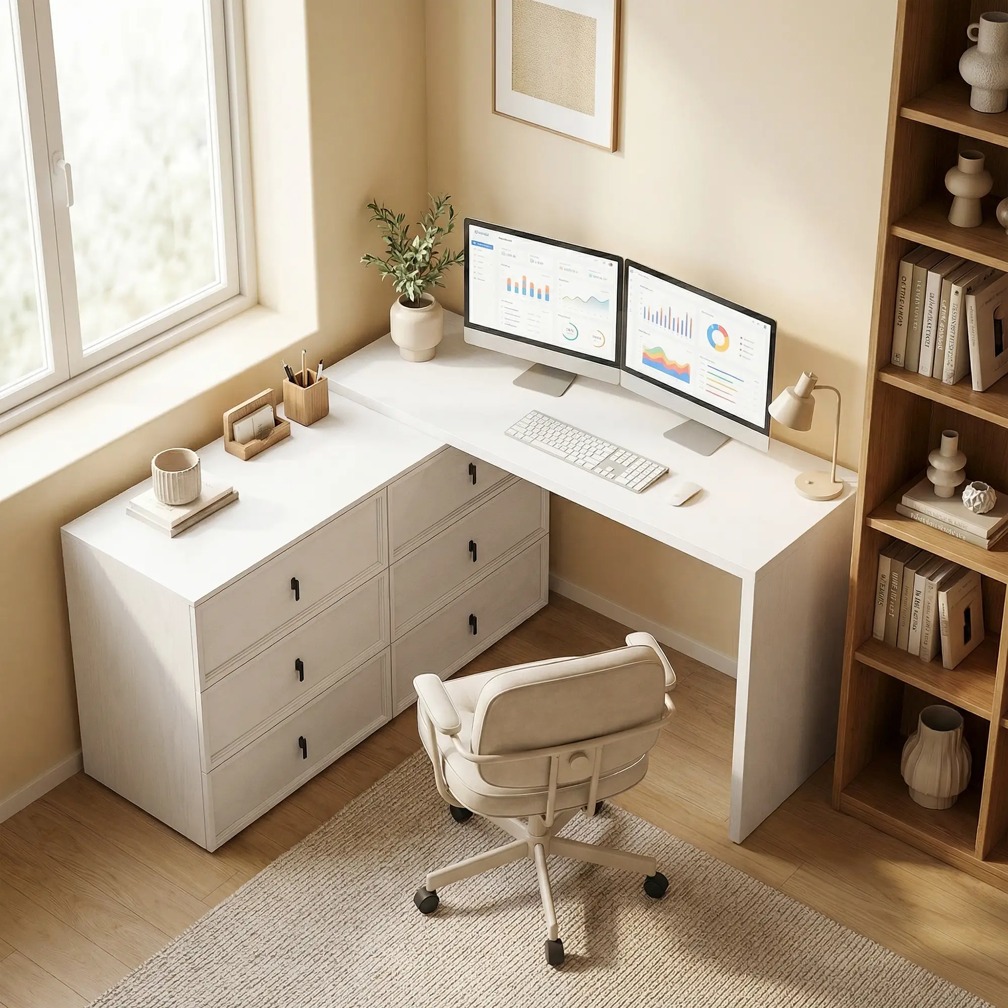 L Shaped Computer Desk, 6 Drawers, White Wood Grain, White - Image 2