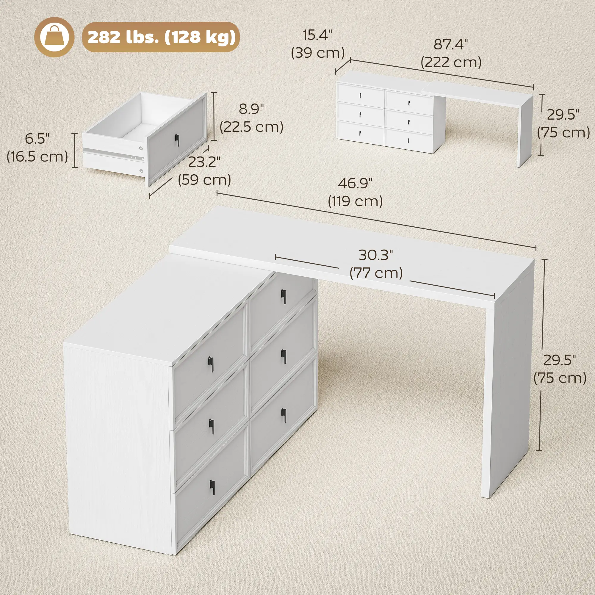L Shaped Computer Desk, 6 Drawers, White Wood Grain, White - Image 3