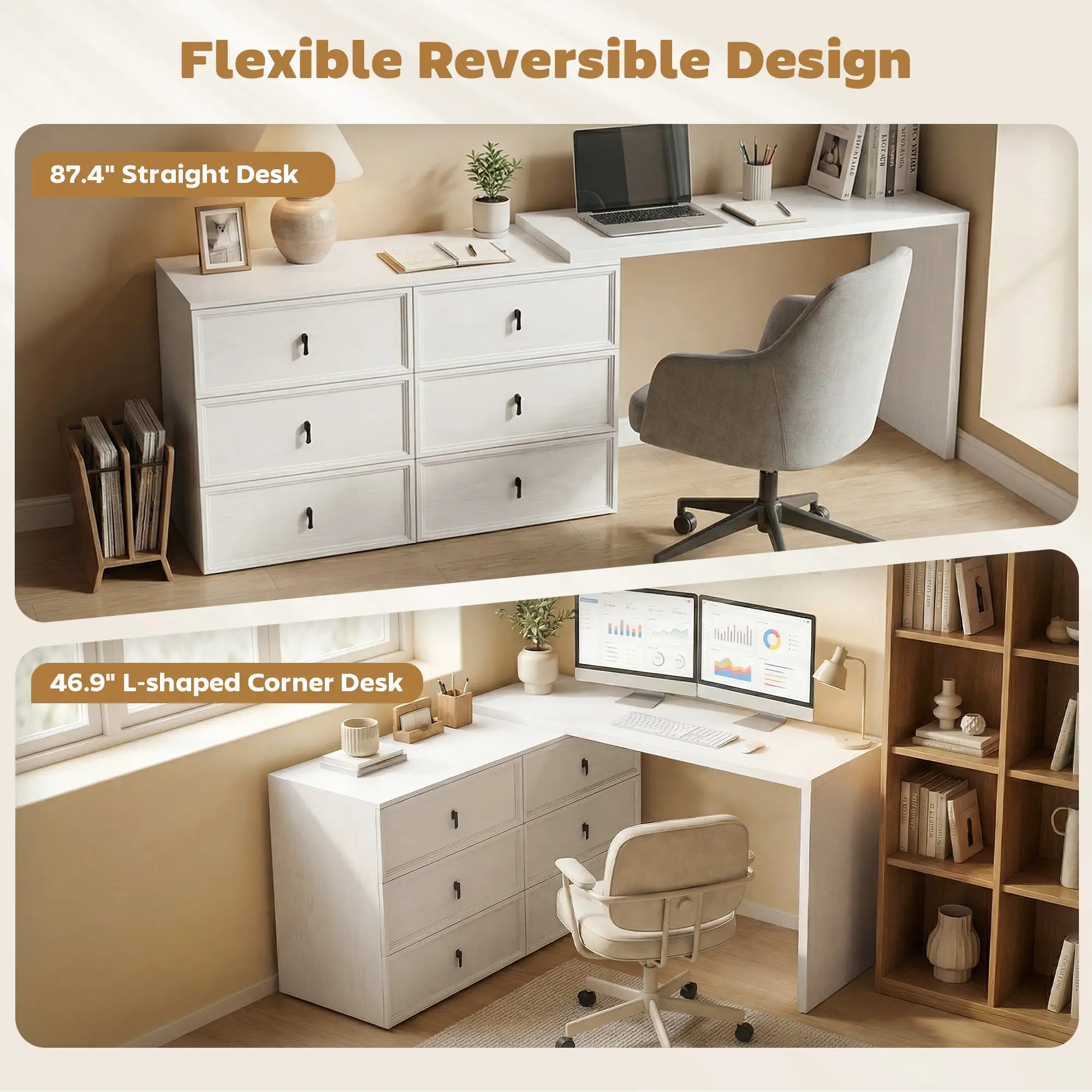 L Shaped Computer Desk, 6 Drawers, White Wood Grain, White - Image 4