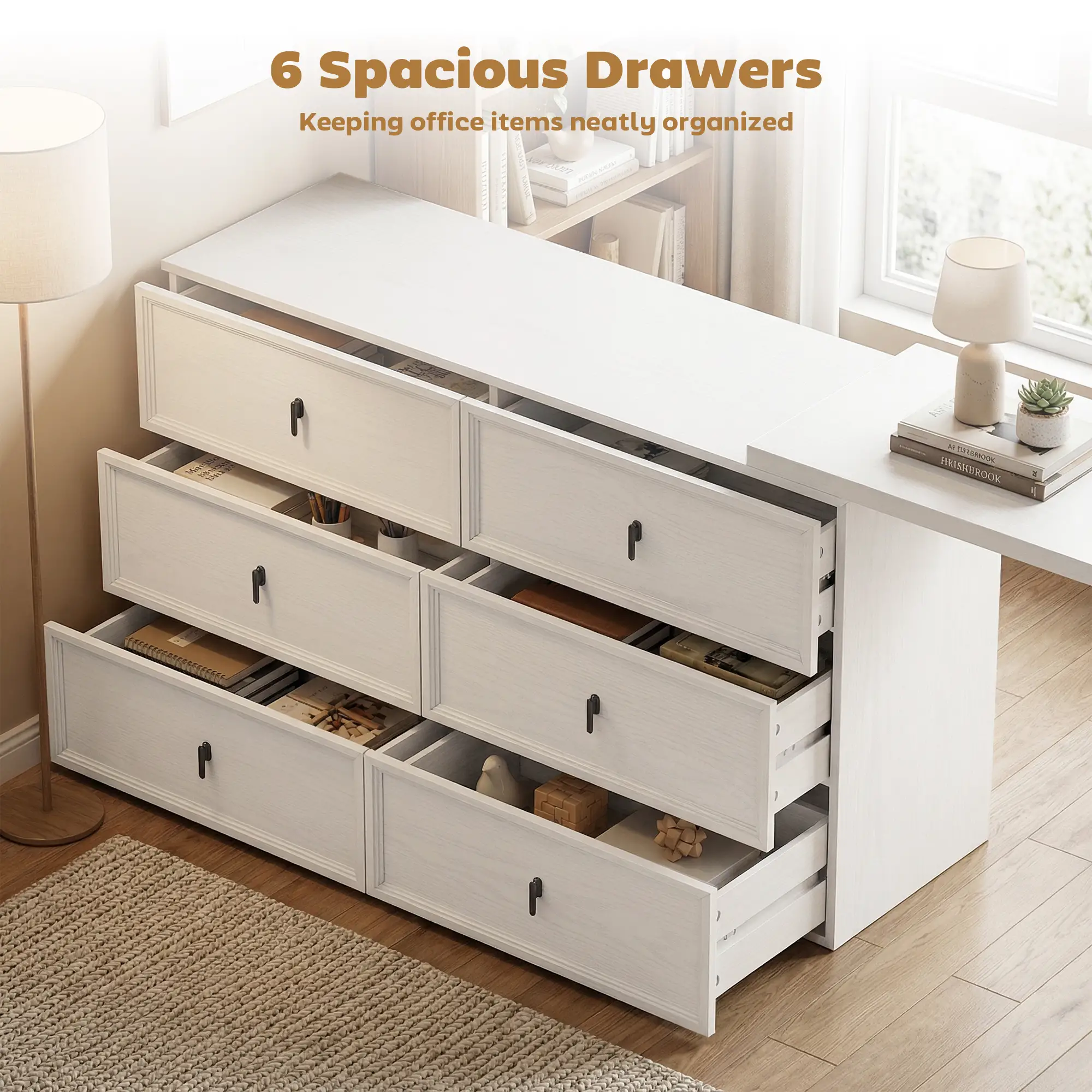 L Shaped Computer Desk, 6 Drawers, White Wood Grain, White - Image 5