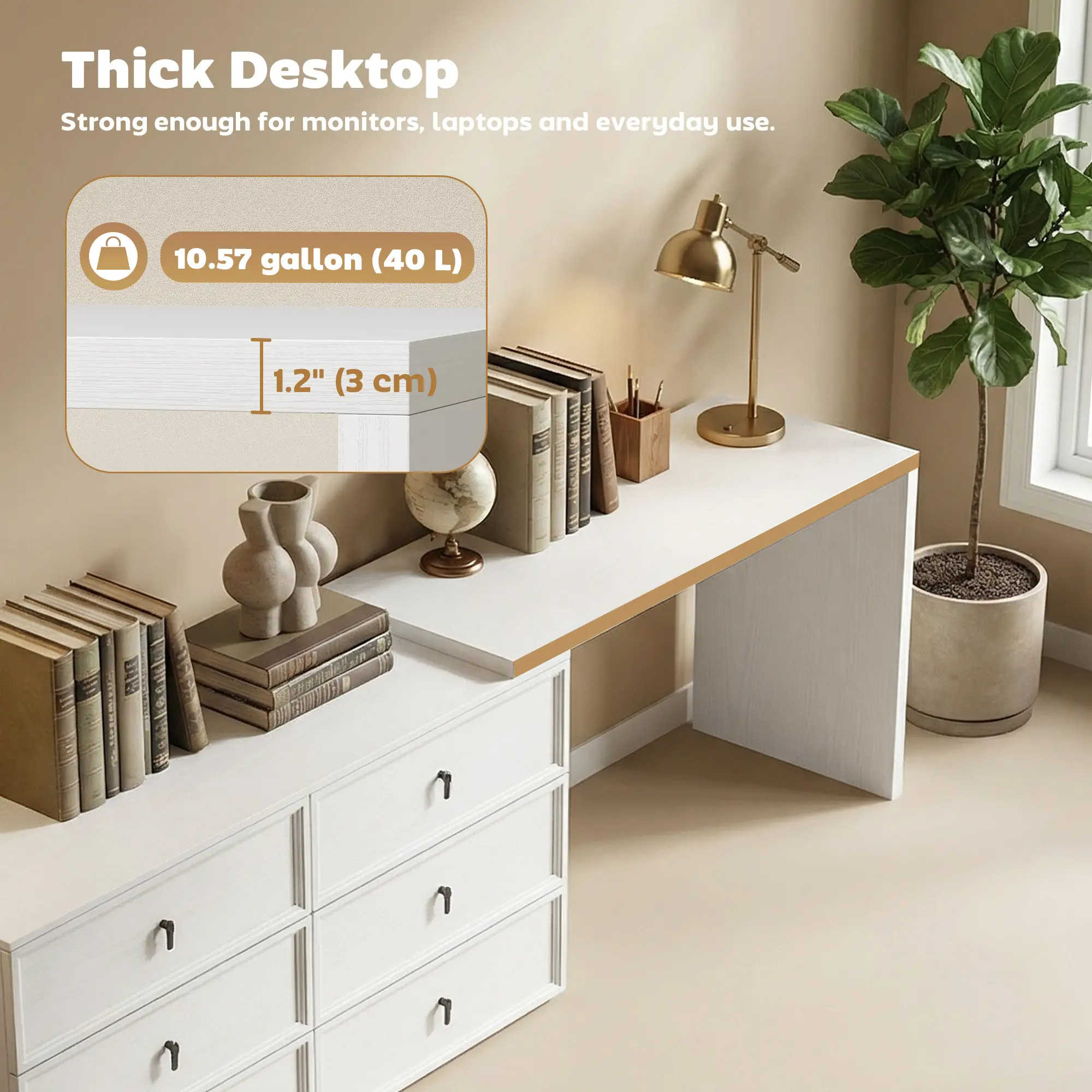 L Shaped Computer Desk, 6 Drawers, White Wood Grain, White - Image 6