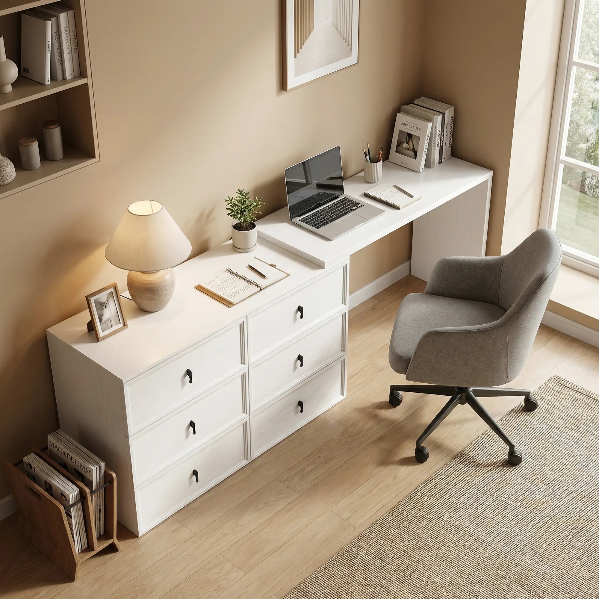 L Shaped Computer Desk, 6 Drawers, White Wood Grain, White - Image 8