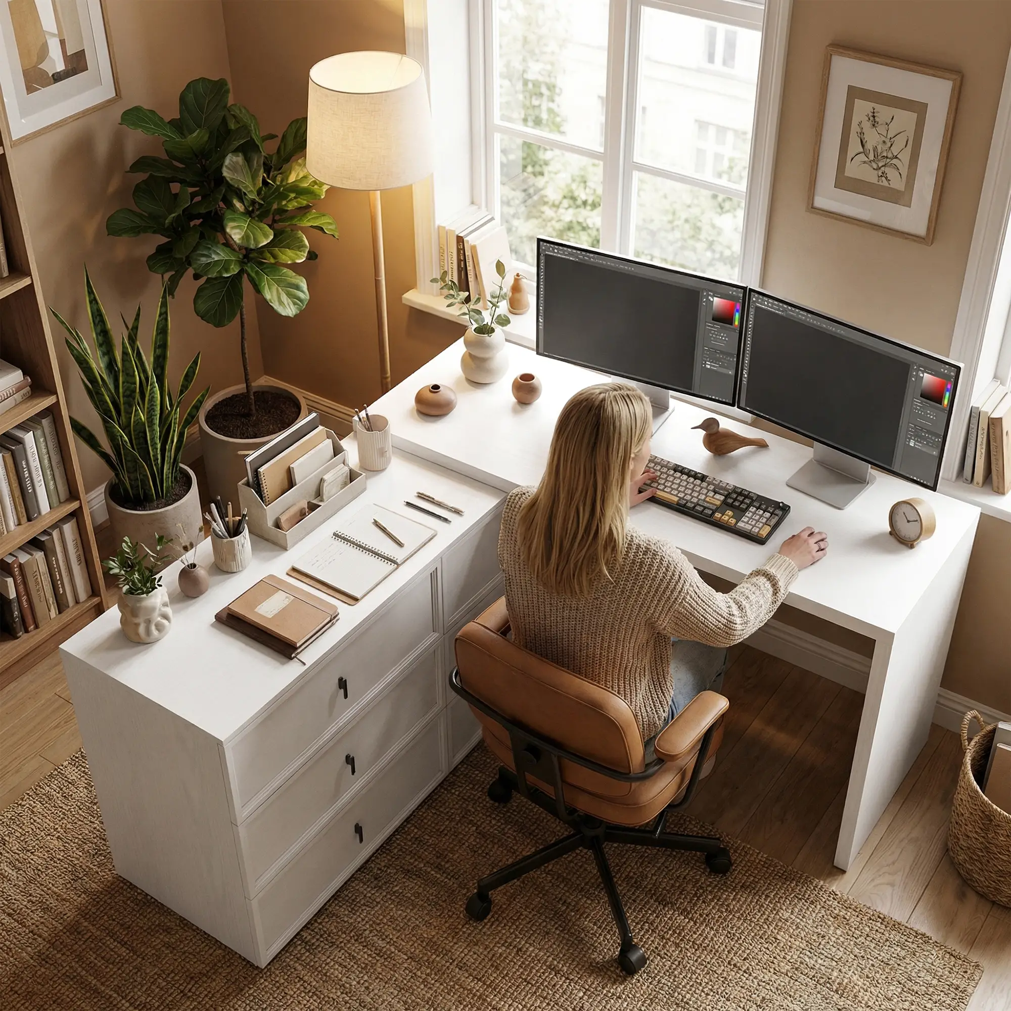 L Shaped Computer Desk, 6 Drawers, White Wood Grain, White - Image 9