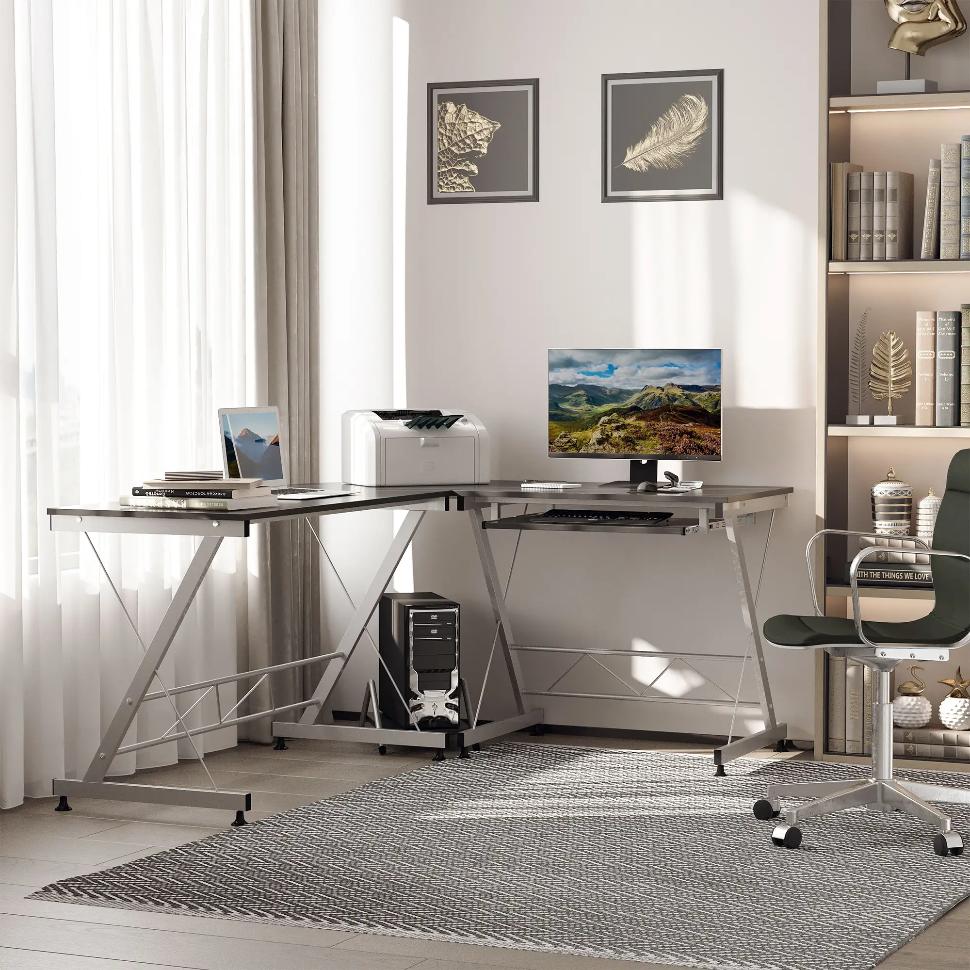 L-Shaped Computer Desk, Corner Table with Keyboard Tray, Home Office - Image 4