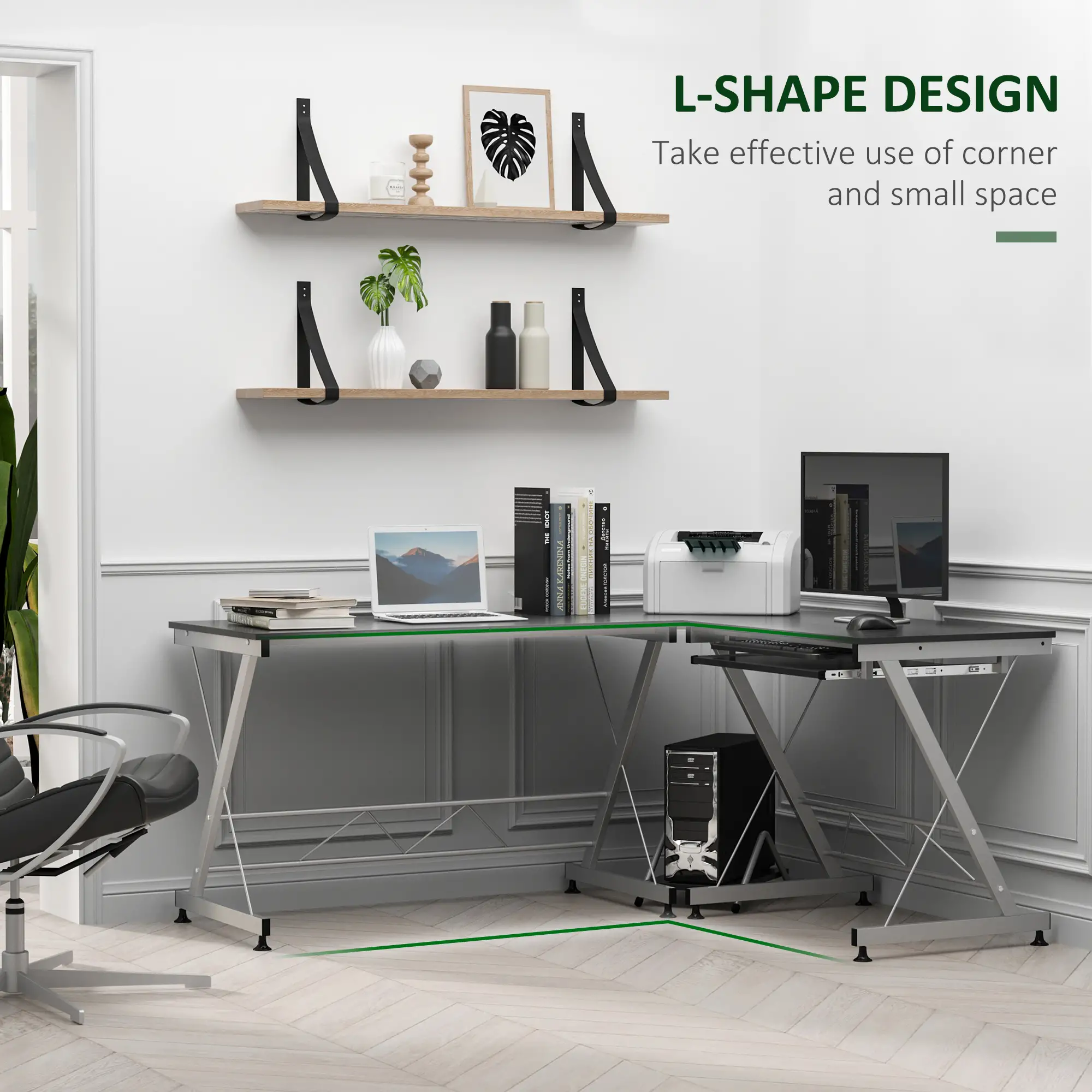 L-Shaped Computer Desk, Corner Table with Keyboard Tray, Home Office - Image 7