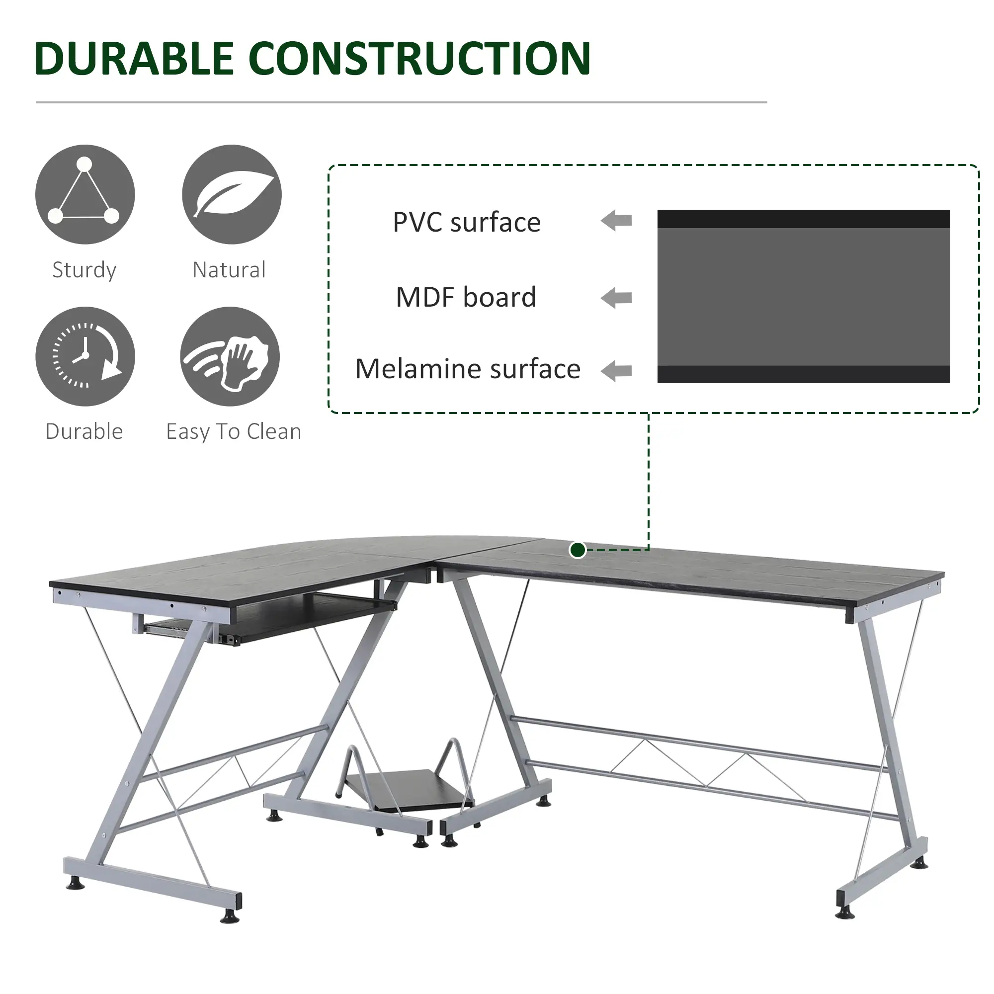 L-Shaped Computer Desk, Corner Table with Keyboard Tray, Home Office - Image 9