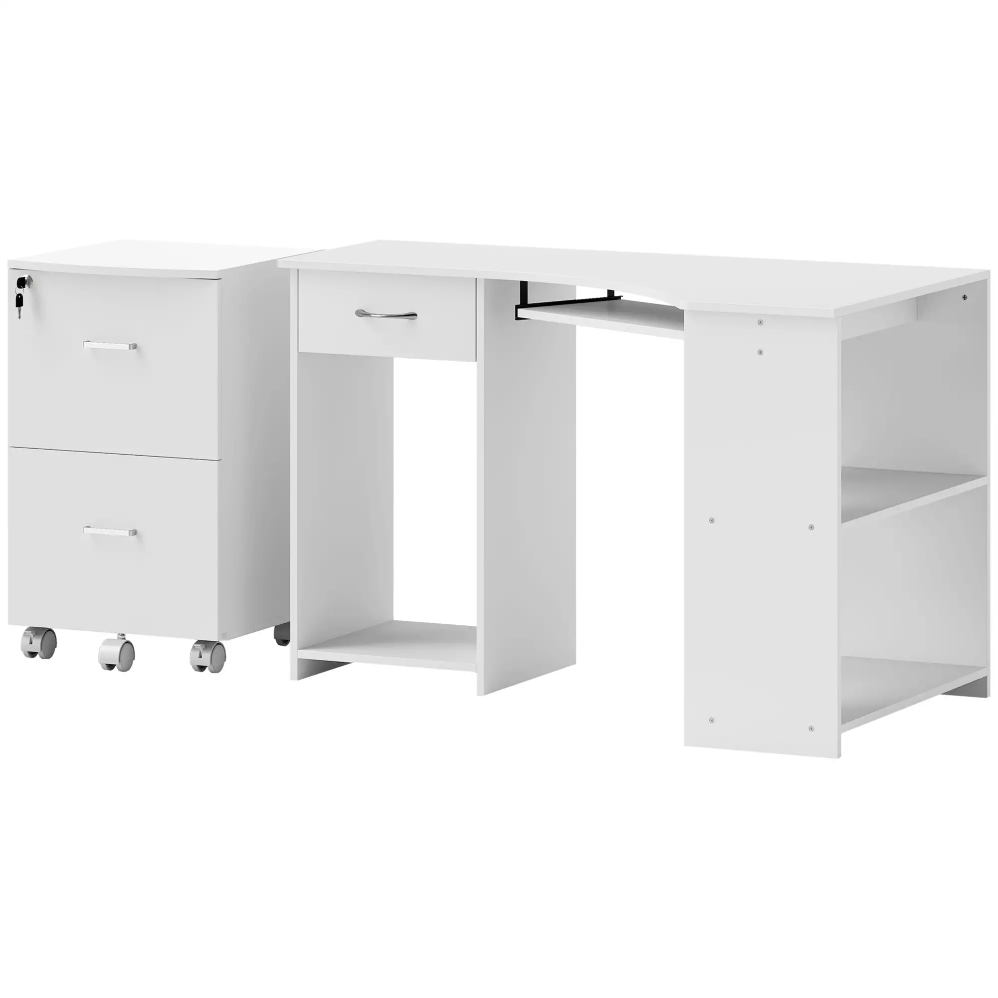 L-Shaped Computer Desk, File Cabinet Set, White