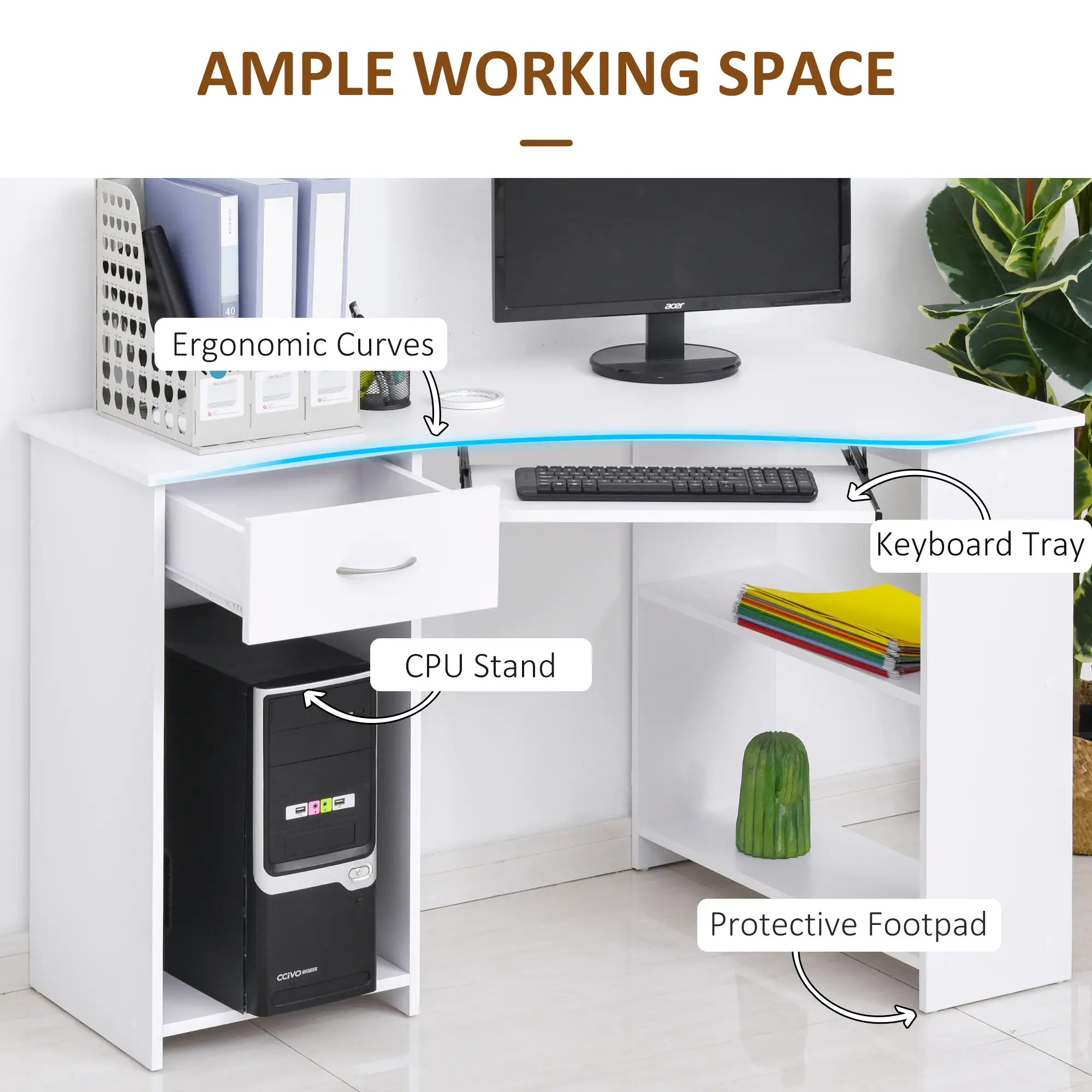 L-Shaped Computer Desk, File Cabinet Set, White - Image 4