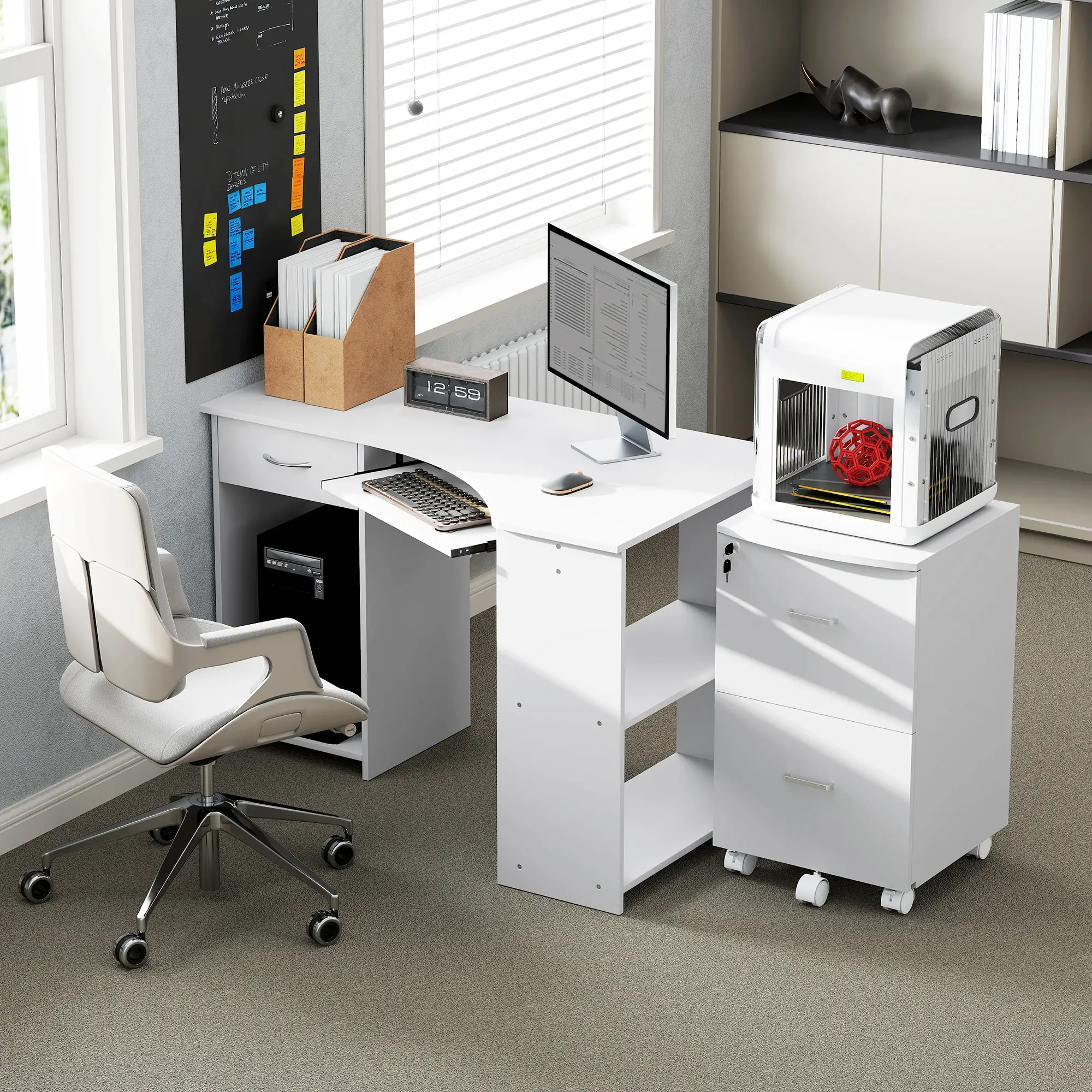 L-Shaped Computer Desk, File Cabinet Set, White - Image 8