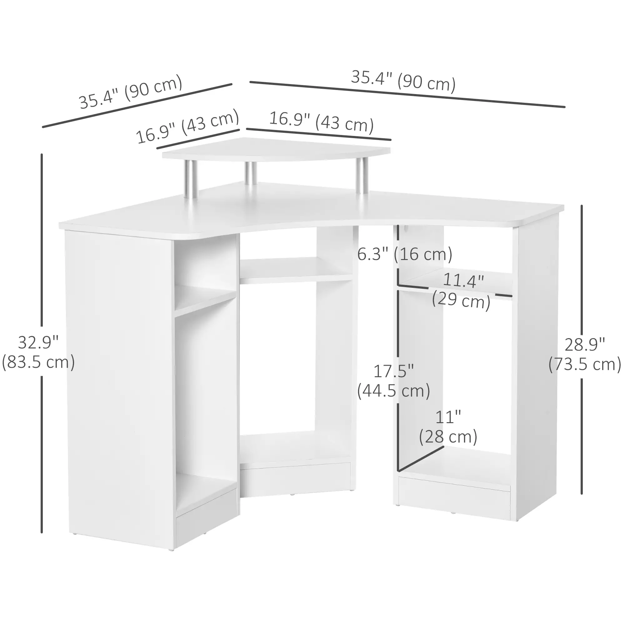 L-Shaped Computer Desk with Monitor Stand, Home Office Corner, White - Image 3
