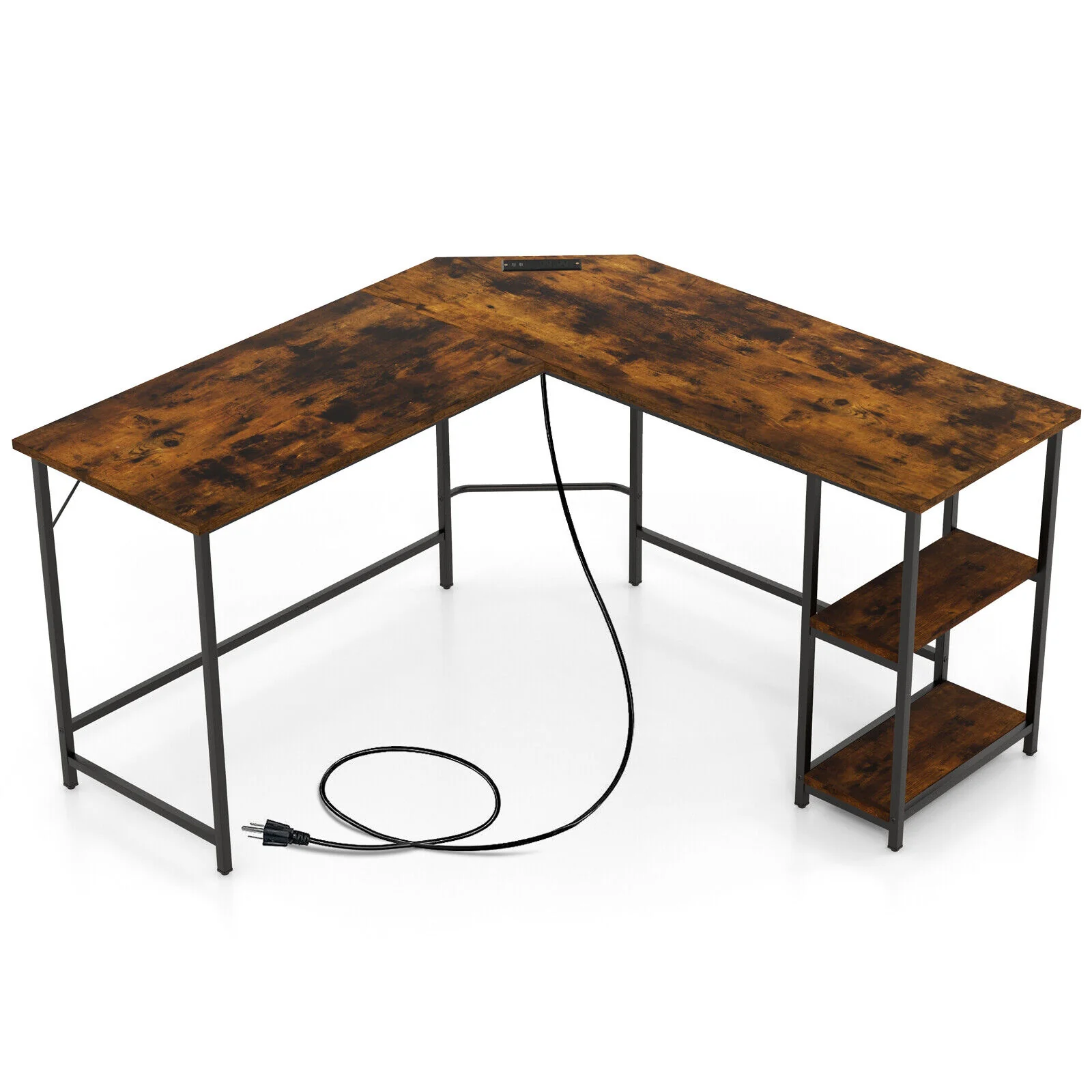 L Shaped Computer Desk With Outlets And USB Ports, Brown - Image 4