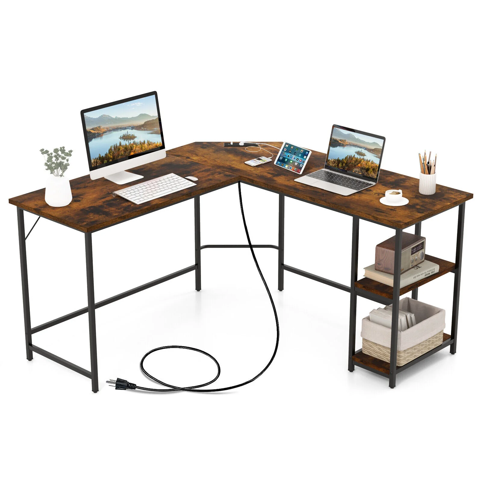 L Shaped Computer Desk With Outlets And USB Ports, Brown - Image 5
