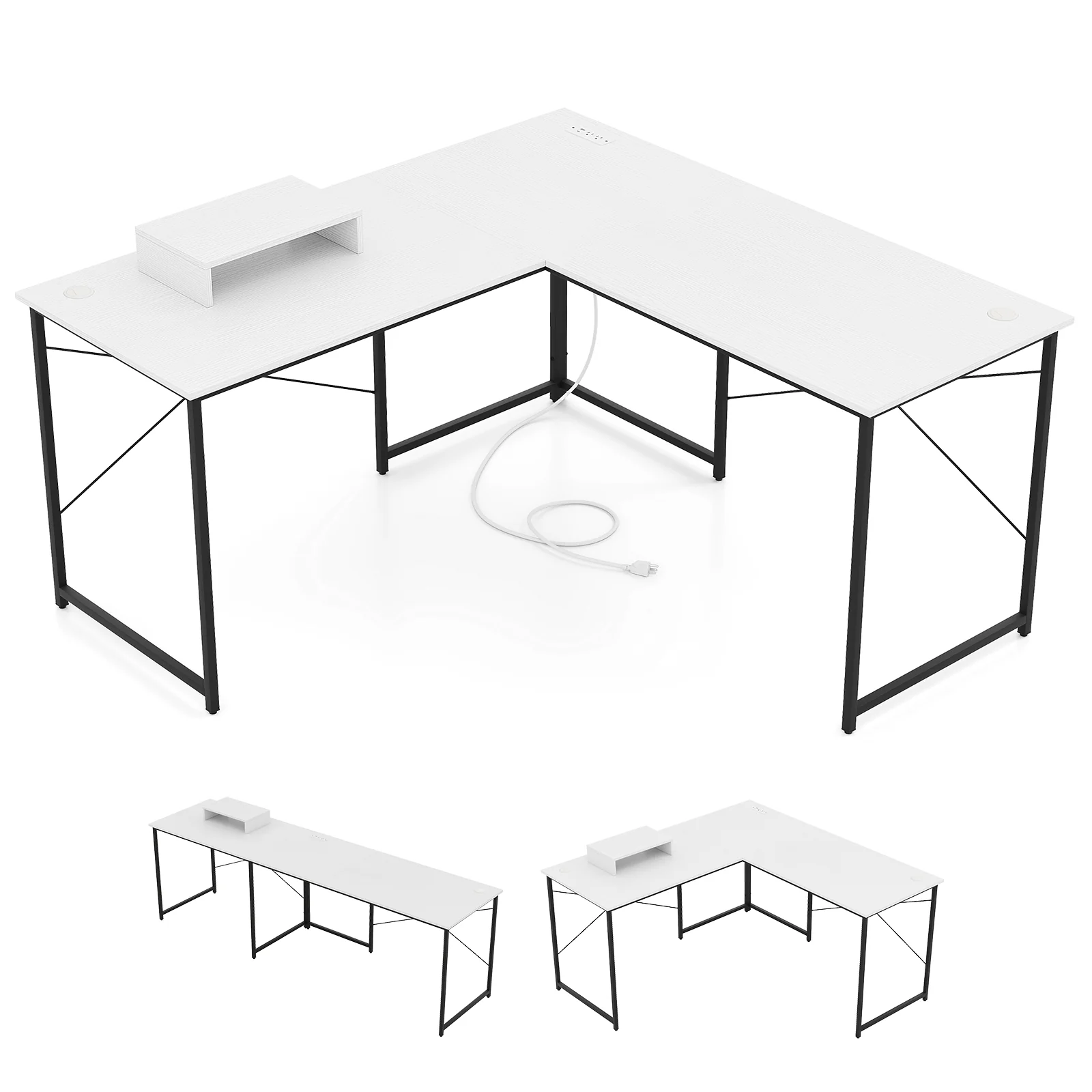 L-Shaped Computer Desk With Power Outlets, Monitor Shelf, White