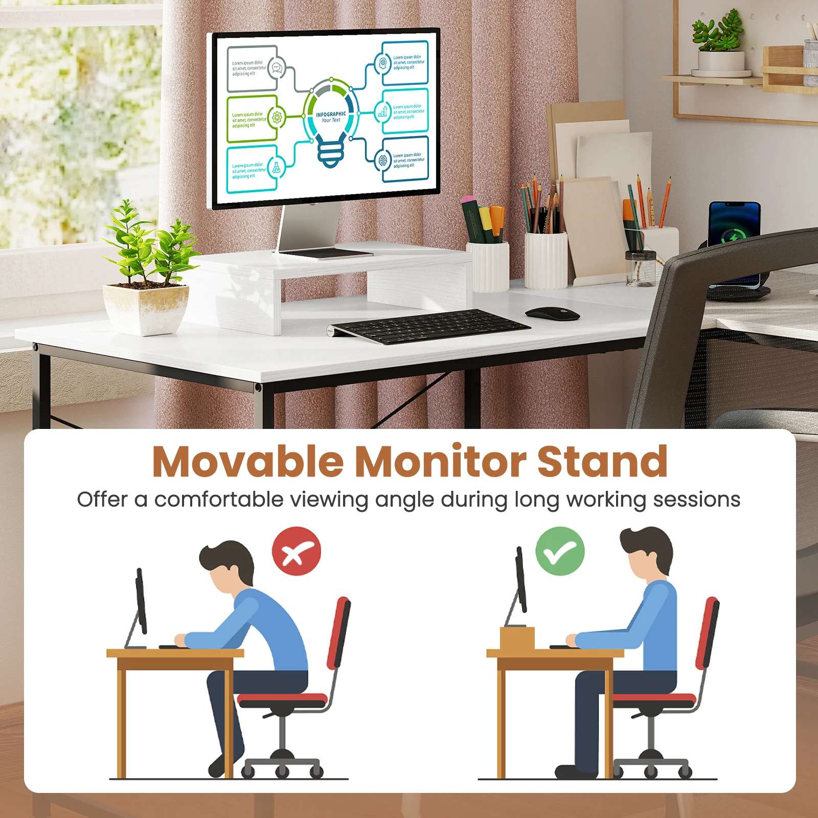 L-Shaped Computer Desk With Power Outlets, Monitor Shelf, White - Image 10