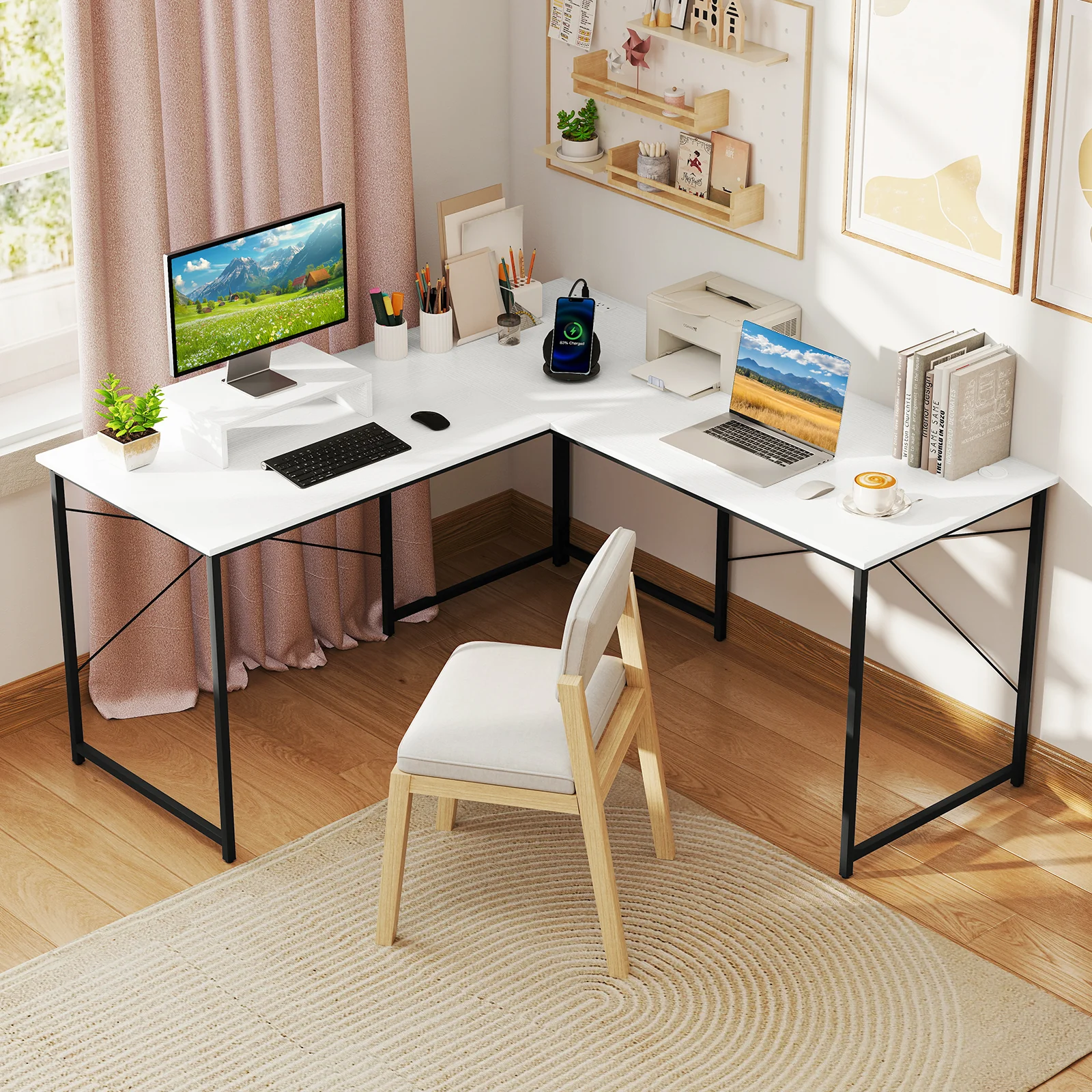 L-Shaped Computer Desk With Power Outlets, Monitor Shelf, White - Image 2