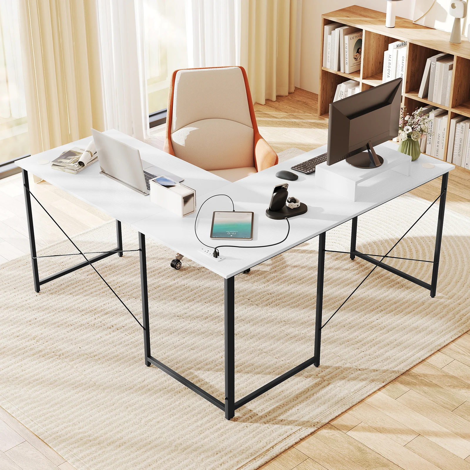 L-Shaped Computer Desk With Power Outlets, Monitor Shelf, White - Image 3