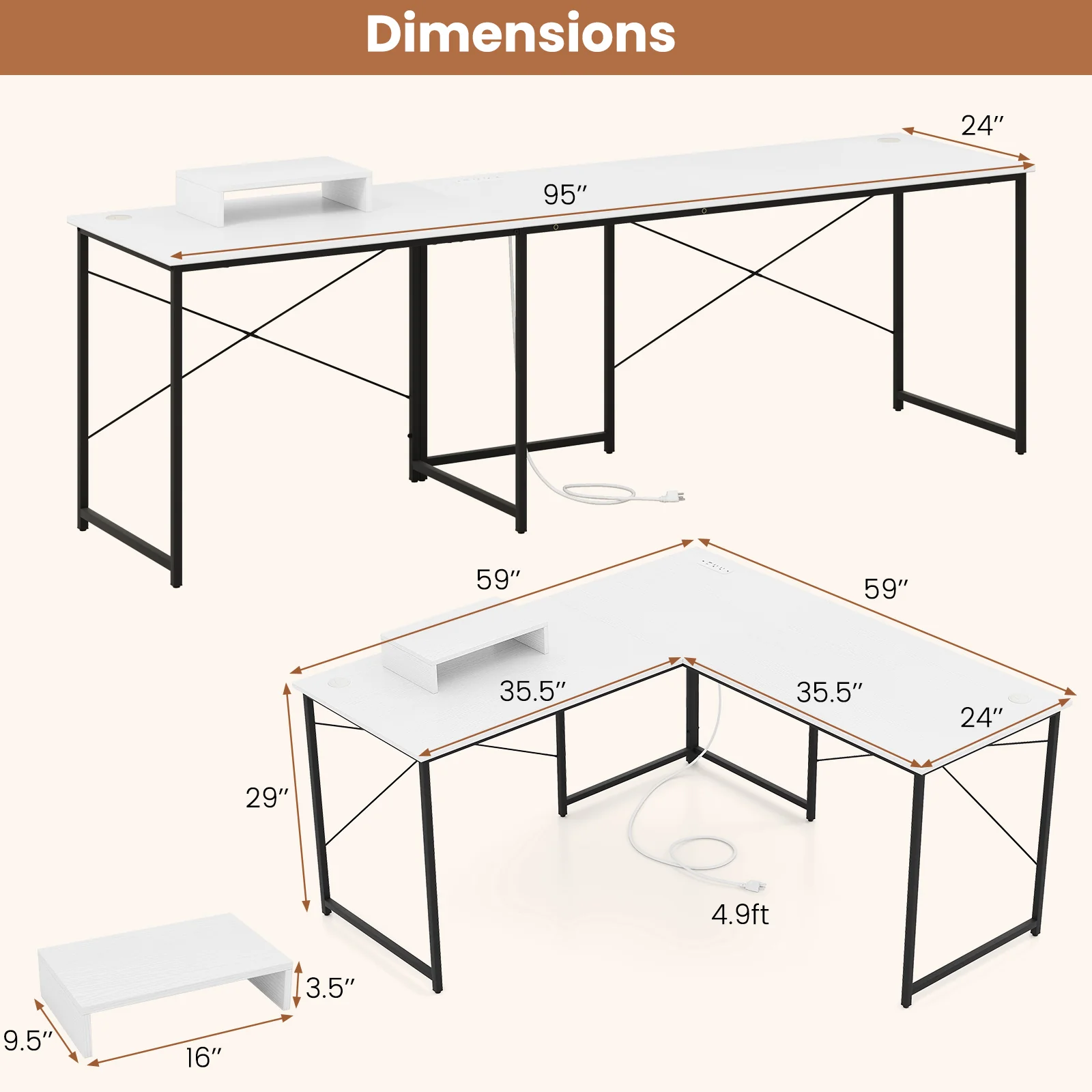 L-Shaped Computer Desk With Power Outlets, Monitor Shelf, White - Image 6