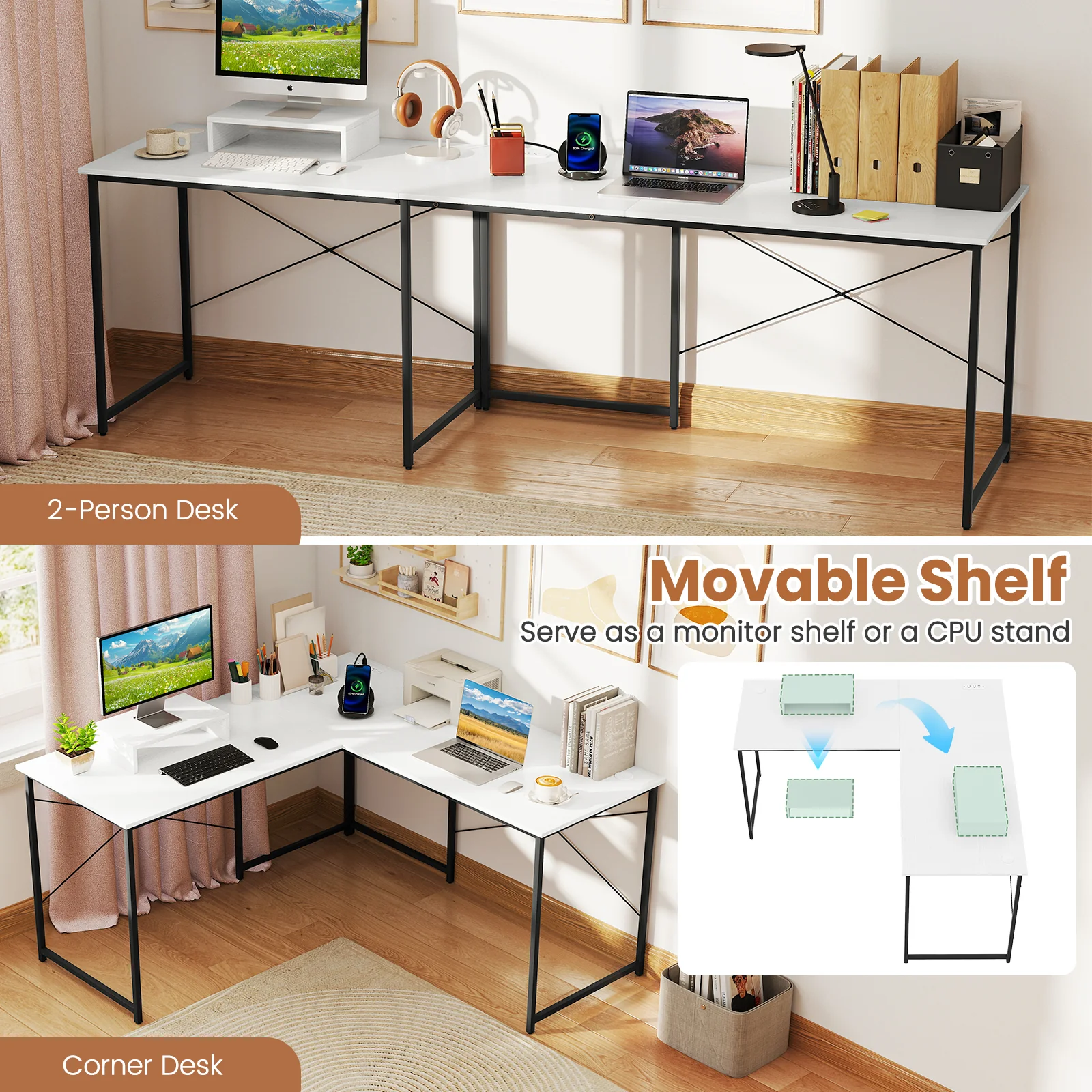 L-Shaped Computer Desk With Power Outlets, Monitor Shelf, White - Image 7