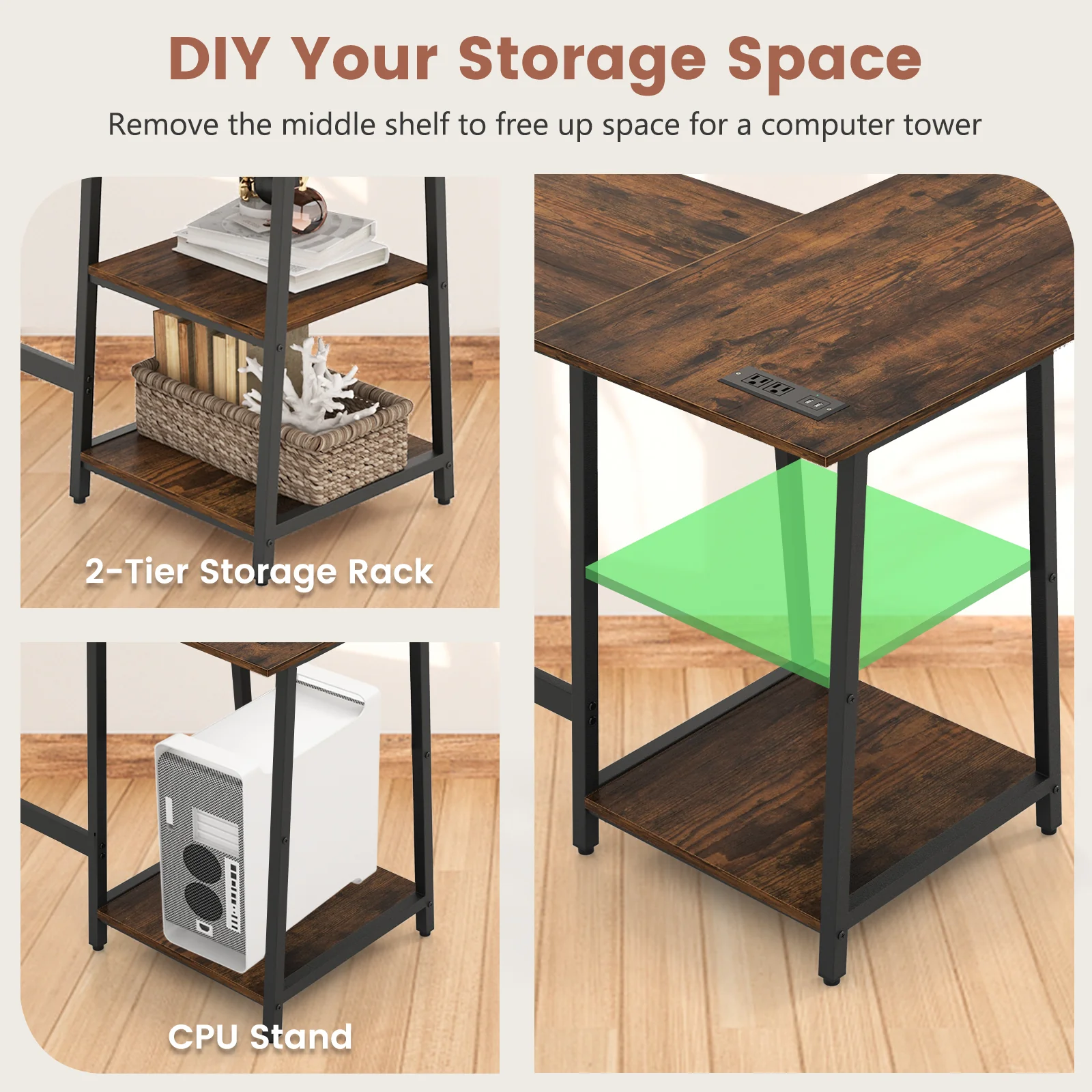 L Shaped Corner Computer Desk With Storage Shelves, Brown - Image 10