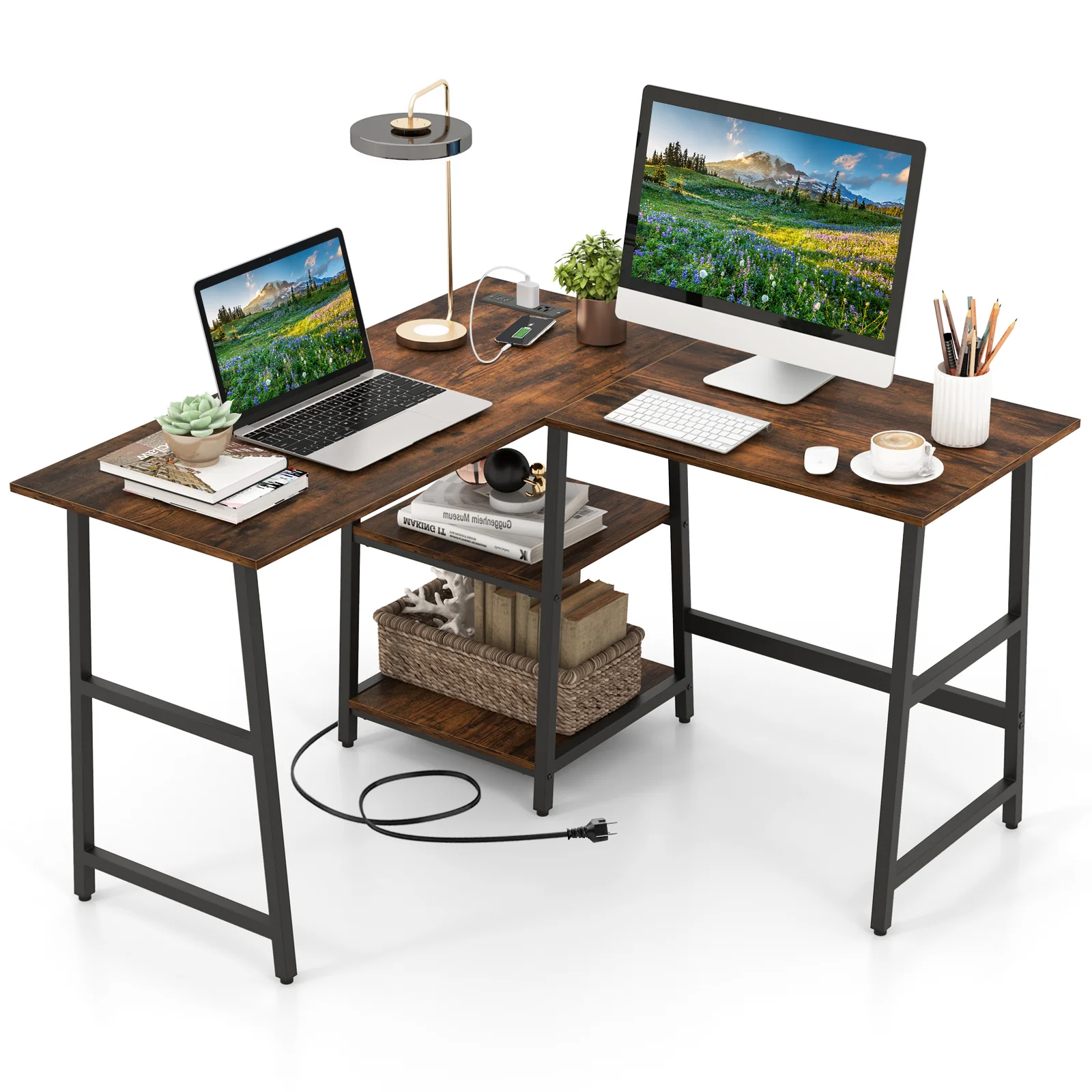 L Shaped Corner Computer Desk With Storage Shelves, Brown - Image 5