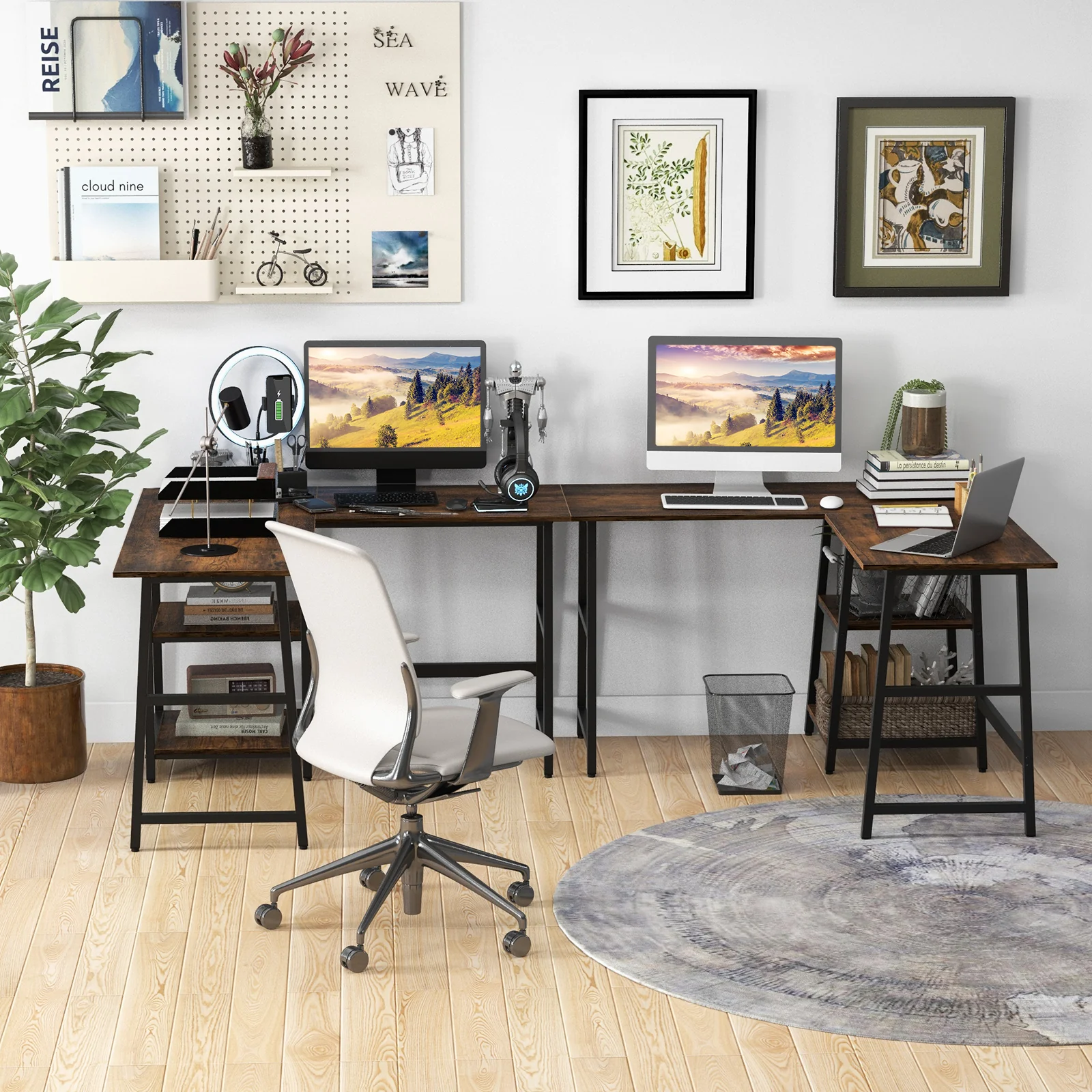 L Shaped Corner Computer Desk With Storage Shelves, Brown - Image 7