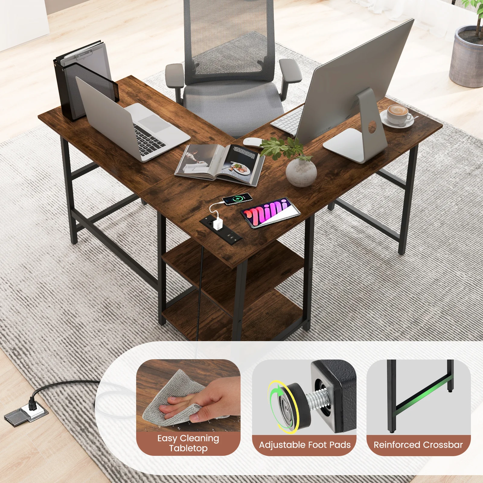 L Shaped Corner Computer Desk With Storage Shelves, Brown - Image 8