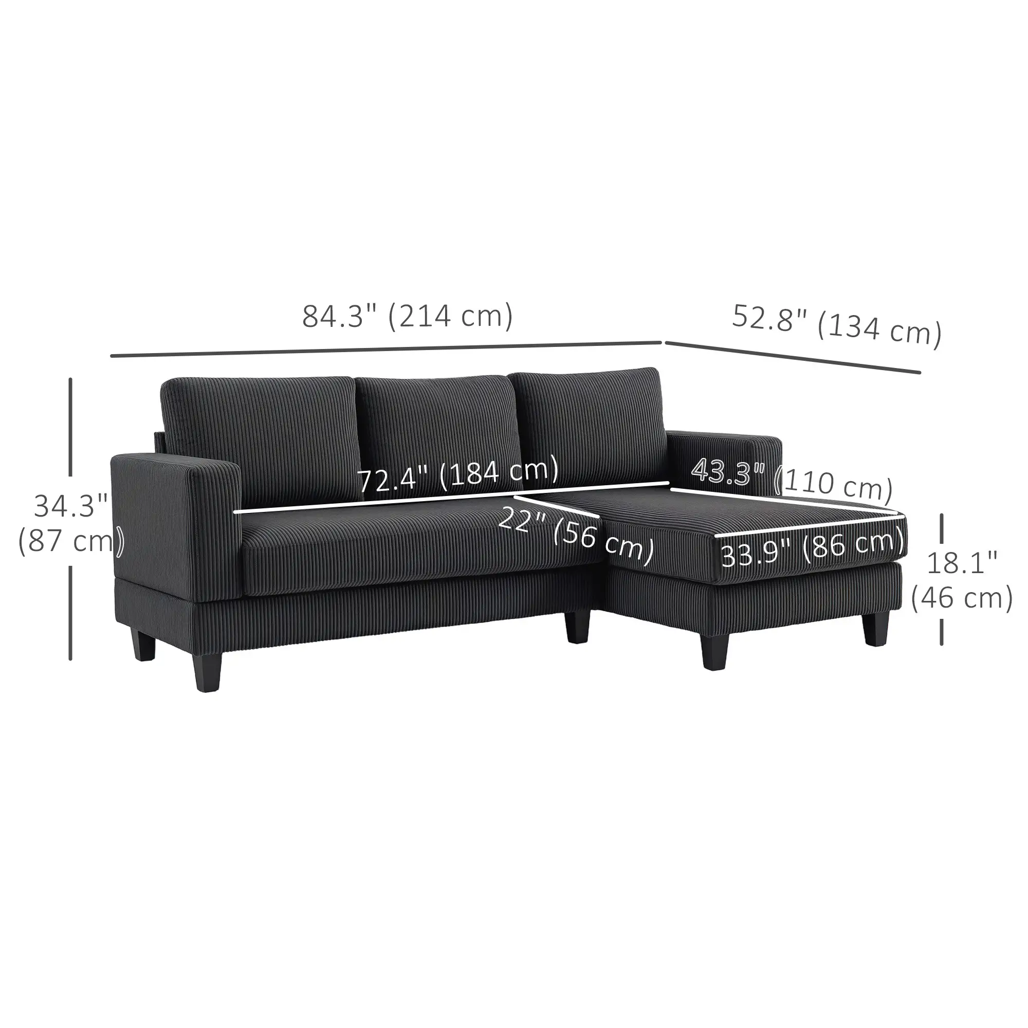 L Shaped Couch with Chaise Lounge, Spring Cushion, Grey - Image 3