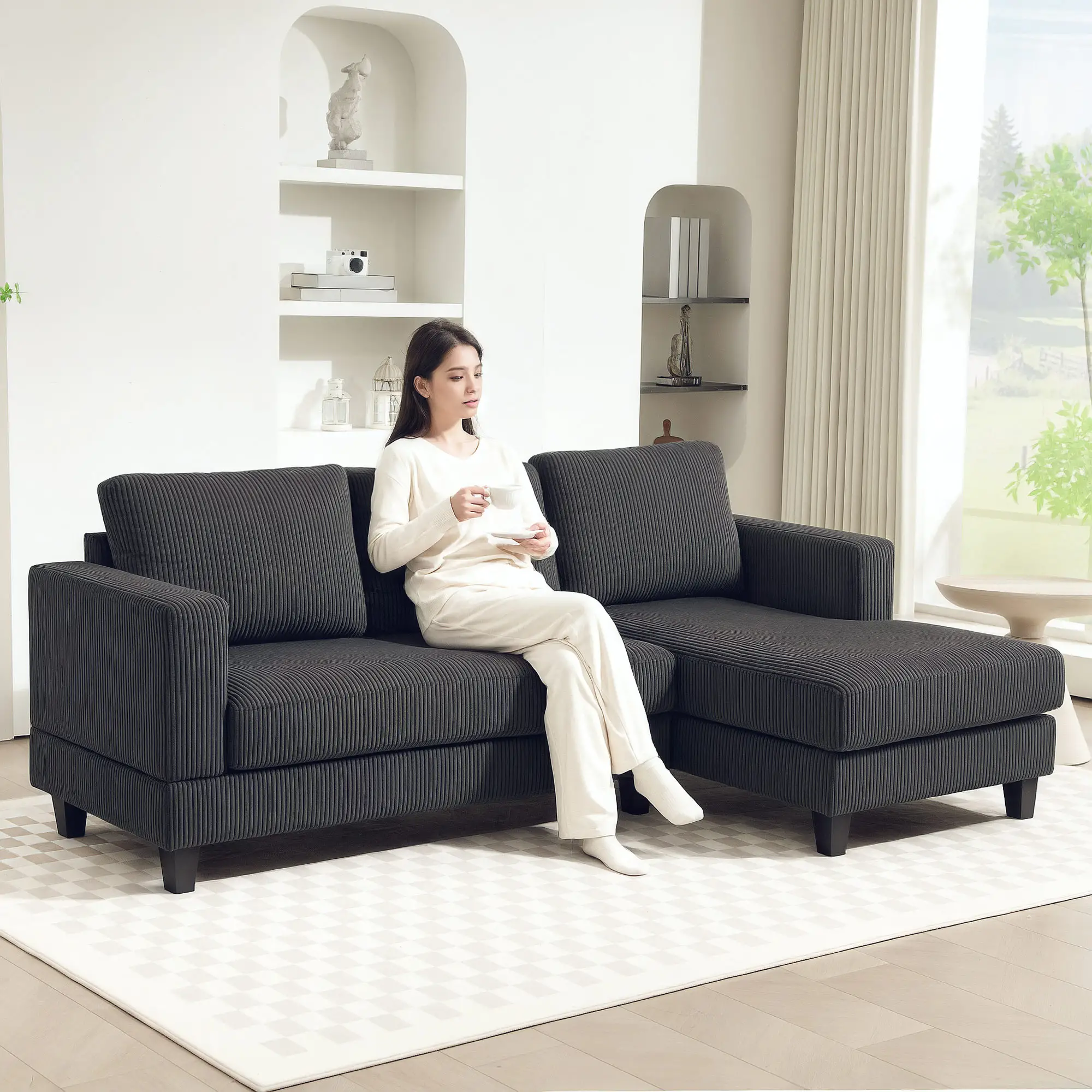 L Shaped Couch with Chaise Lounge, Spring Cushion, Grey - Image 8