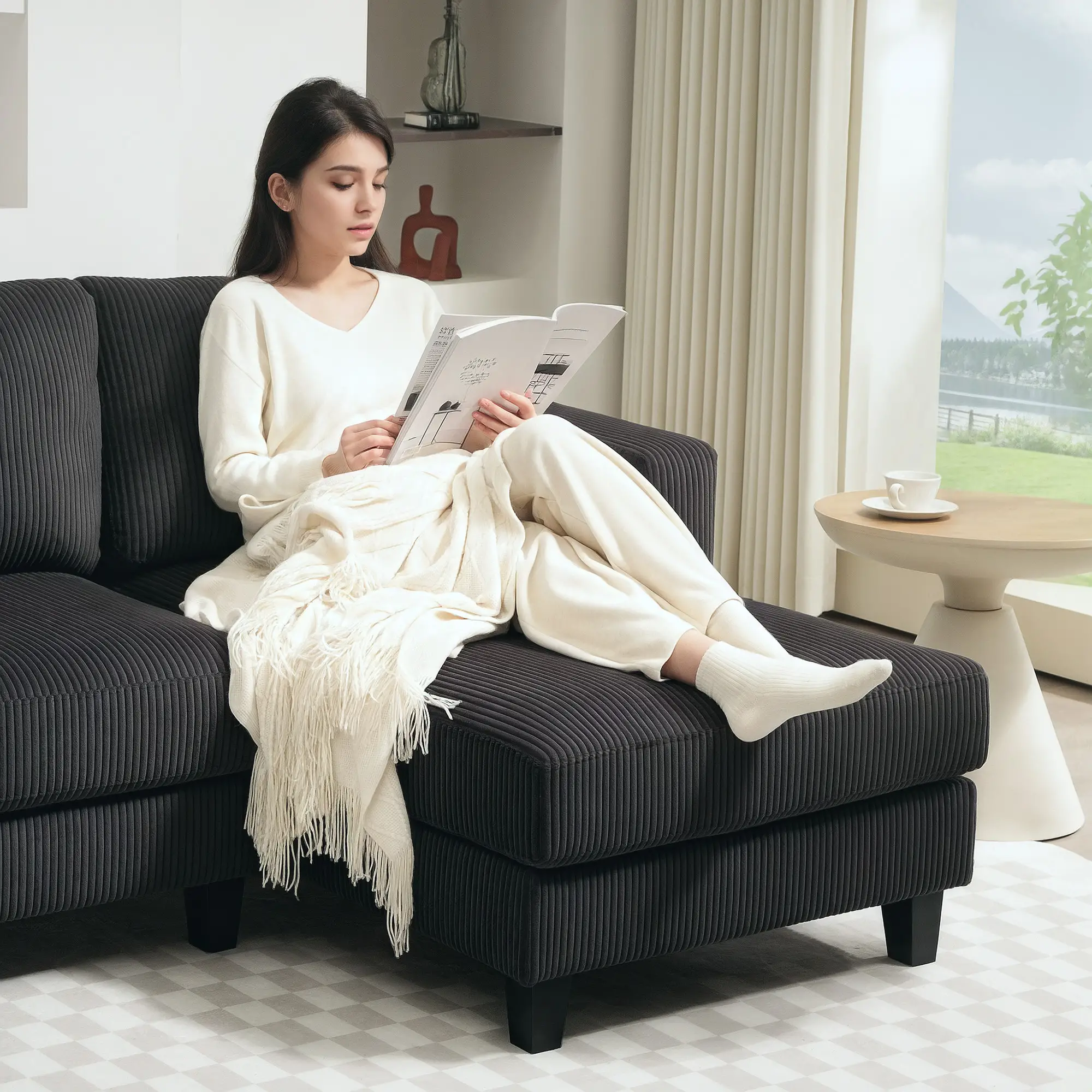 L Shaped Couch with Chaise Lounge, Spring Cushion, Grey - Image 9