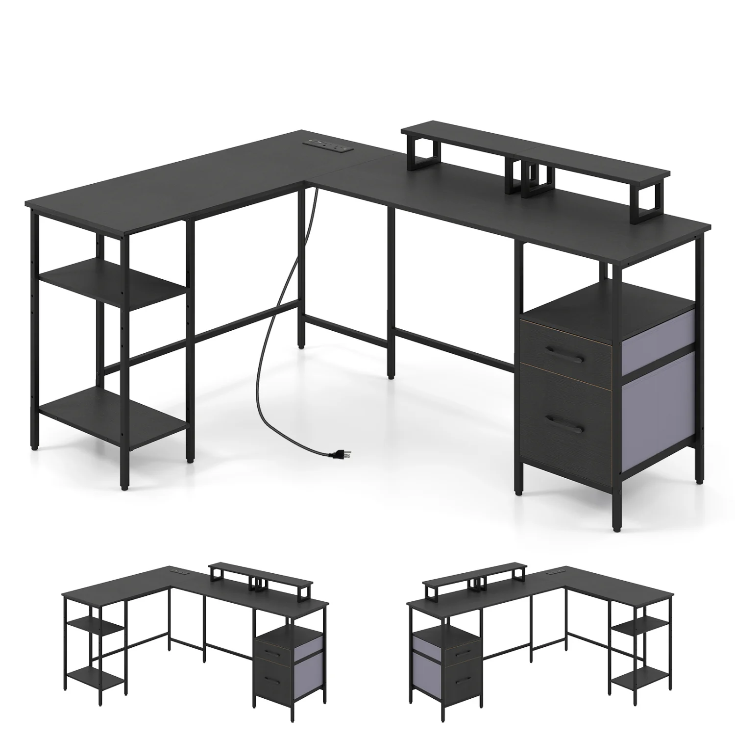 L Shaped Desk with Power Outlet, Reversible Computer Desk, Black