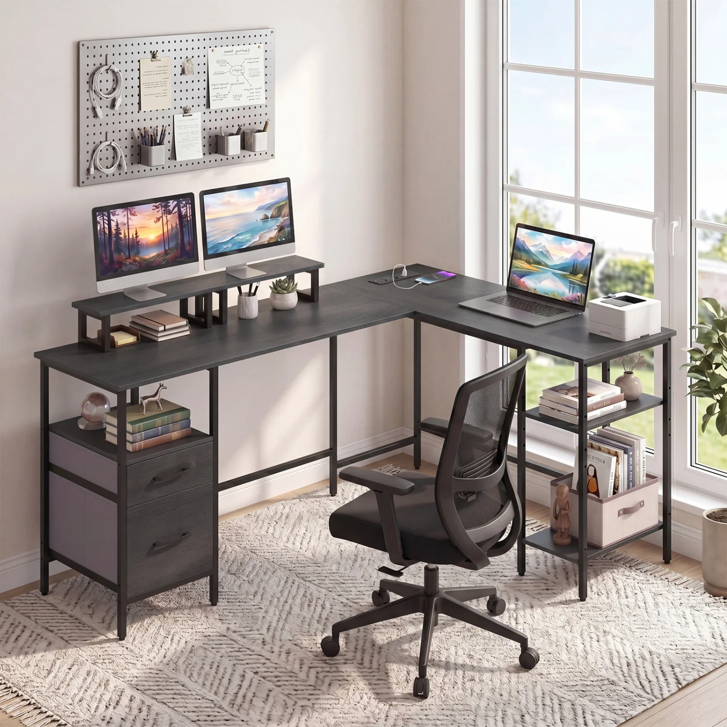 L Shaped Desk with Power Outlet, Reversible Computer Desk, Black - Image 2