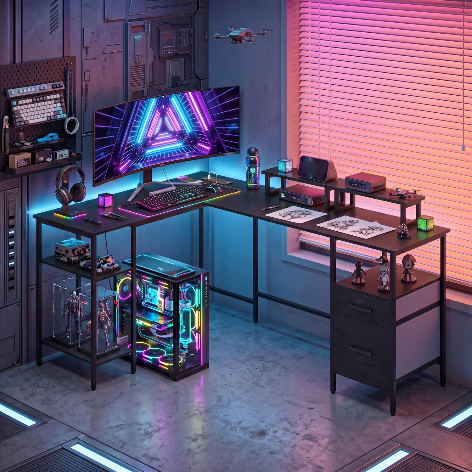 L Shaped Desk with Power Outlet, Reversible Computer Desk, Black - Image 3
