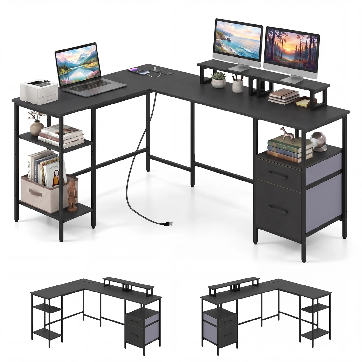 L Shaped Desk with Power Outlet, Reversible Computer Desk, Black - Image 4