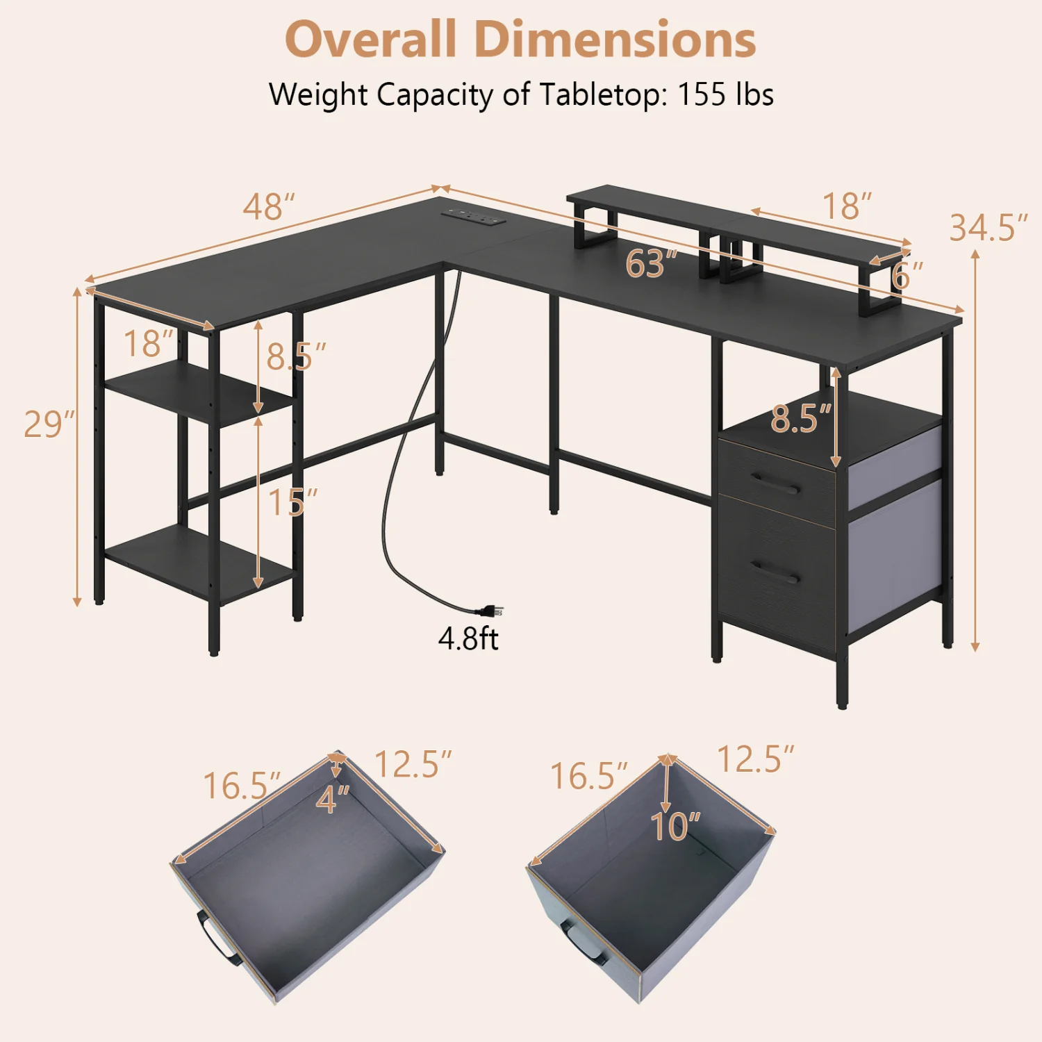 L Shaped Desk with Power Outlet, Reversible Computer Desk, Black - Image 5
