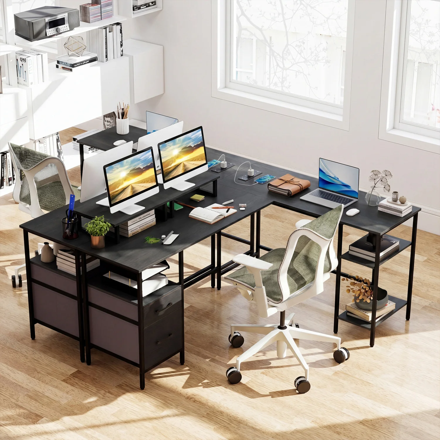 L Shaped Desk with Power Outlet, Reversible Computer Desk, Black - Image 6