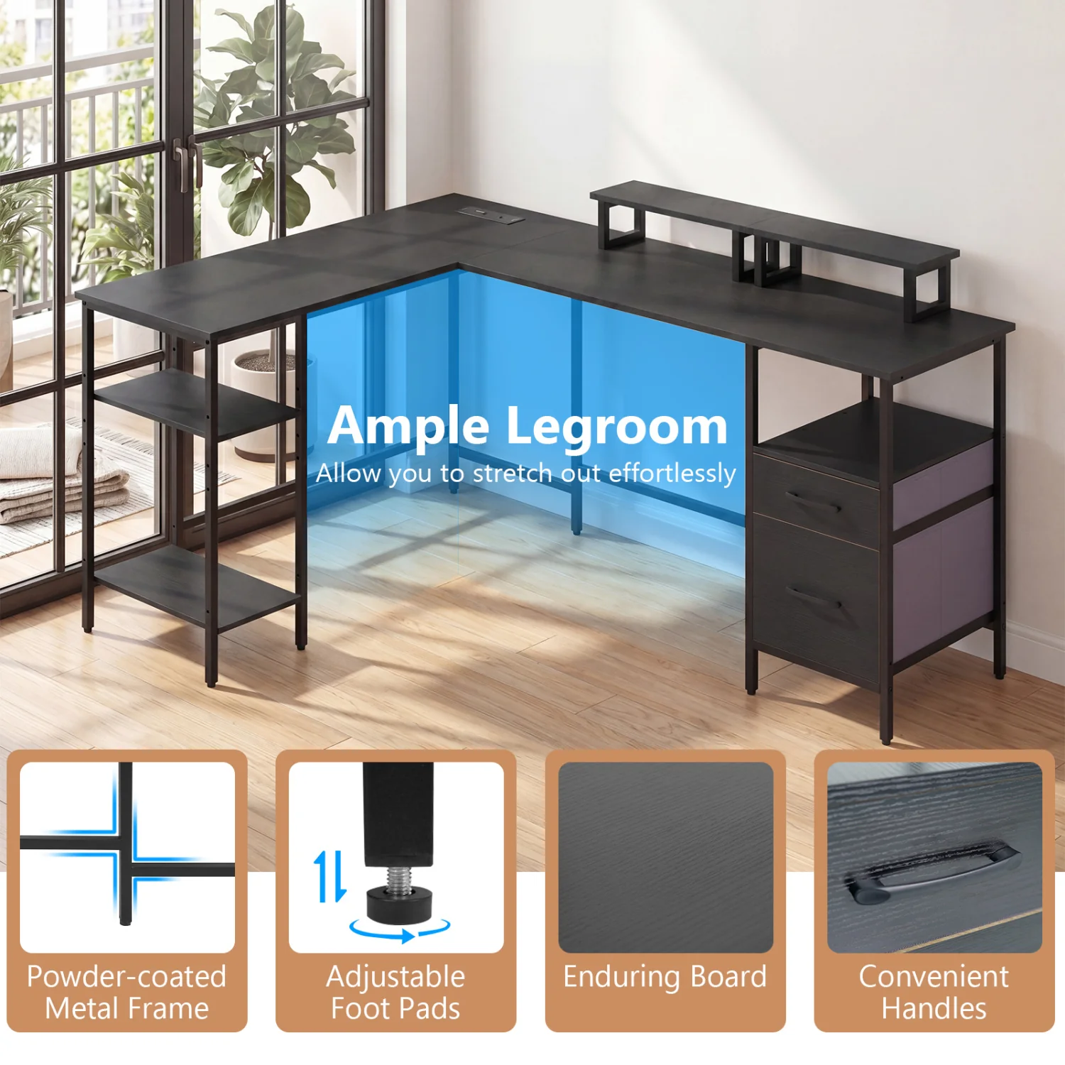 L Shaped Desk with Power Outlet, Reversible Computer Desk, Black - Image 7