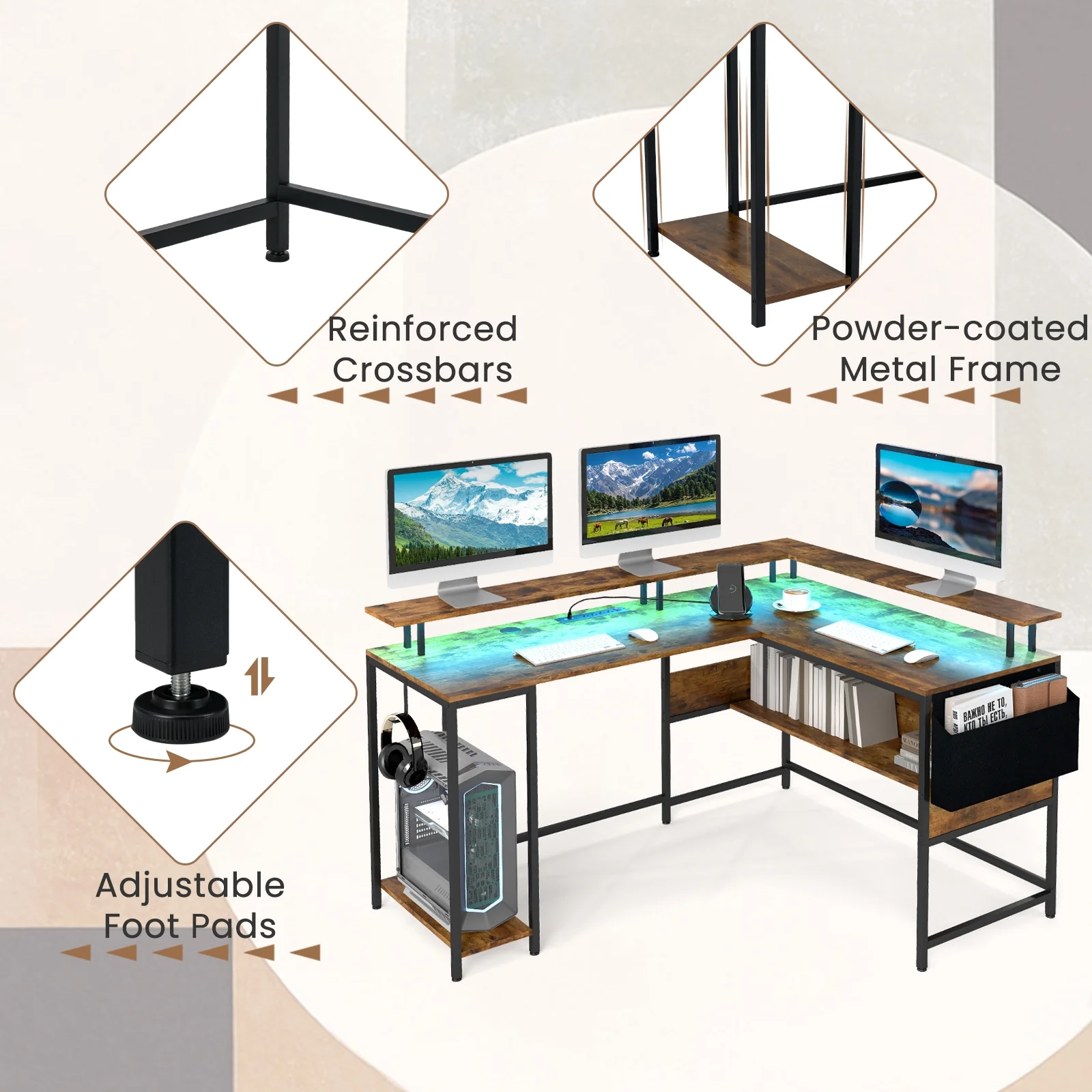 L-Shaped Gaming Desk with LED Lights and Power Outlets Home Office Computer Desk, Rustic Brown - Image 7